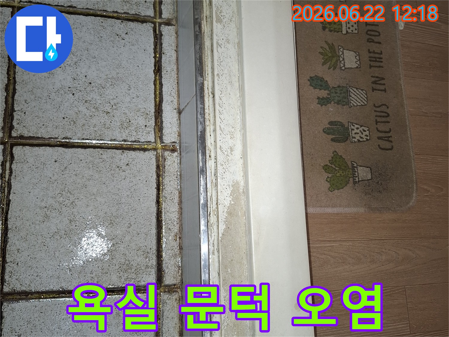 욕실 문턱 아래쪽으로 물이 스며들어 오염된 모습을 담은 현장 사진-누수 발생으로 인한 2차 피해가 우려되는 상황입니다