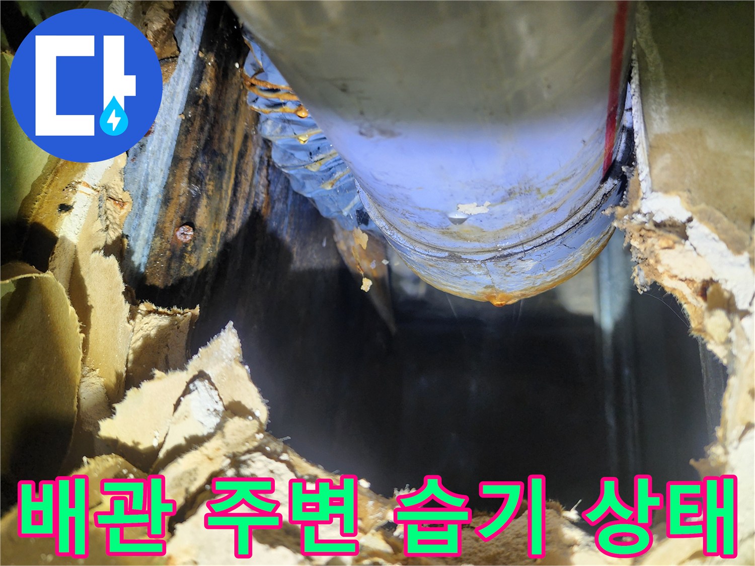 천장 내부 배관 주위의 물샘 흔적과 젖은 단열재 모습