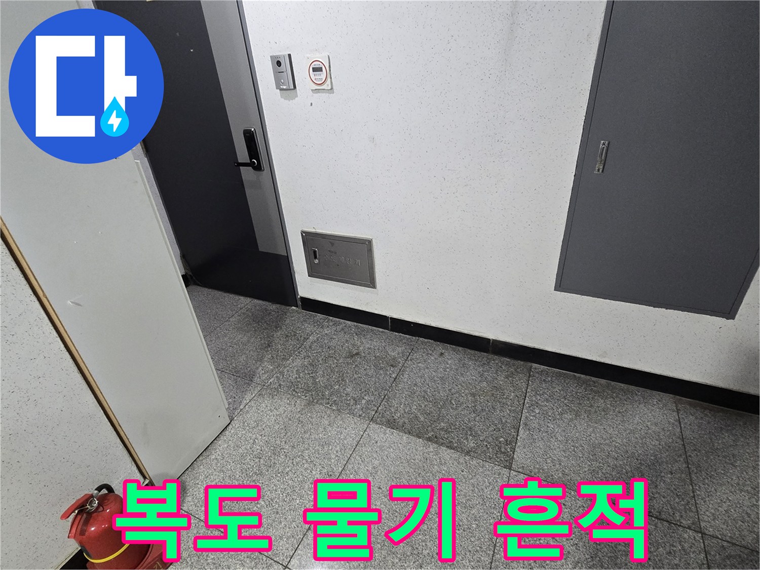 화곡동 아파트 2층 복도에서-누수로 인해 바닥 타일이 젖어있는 현장입니다