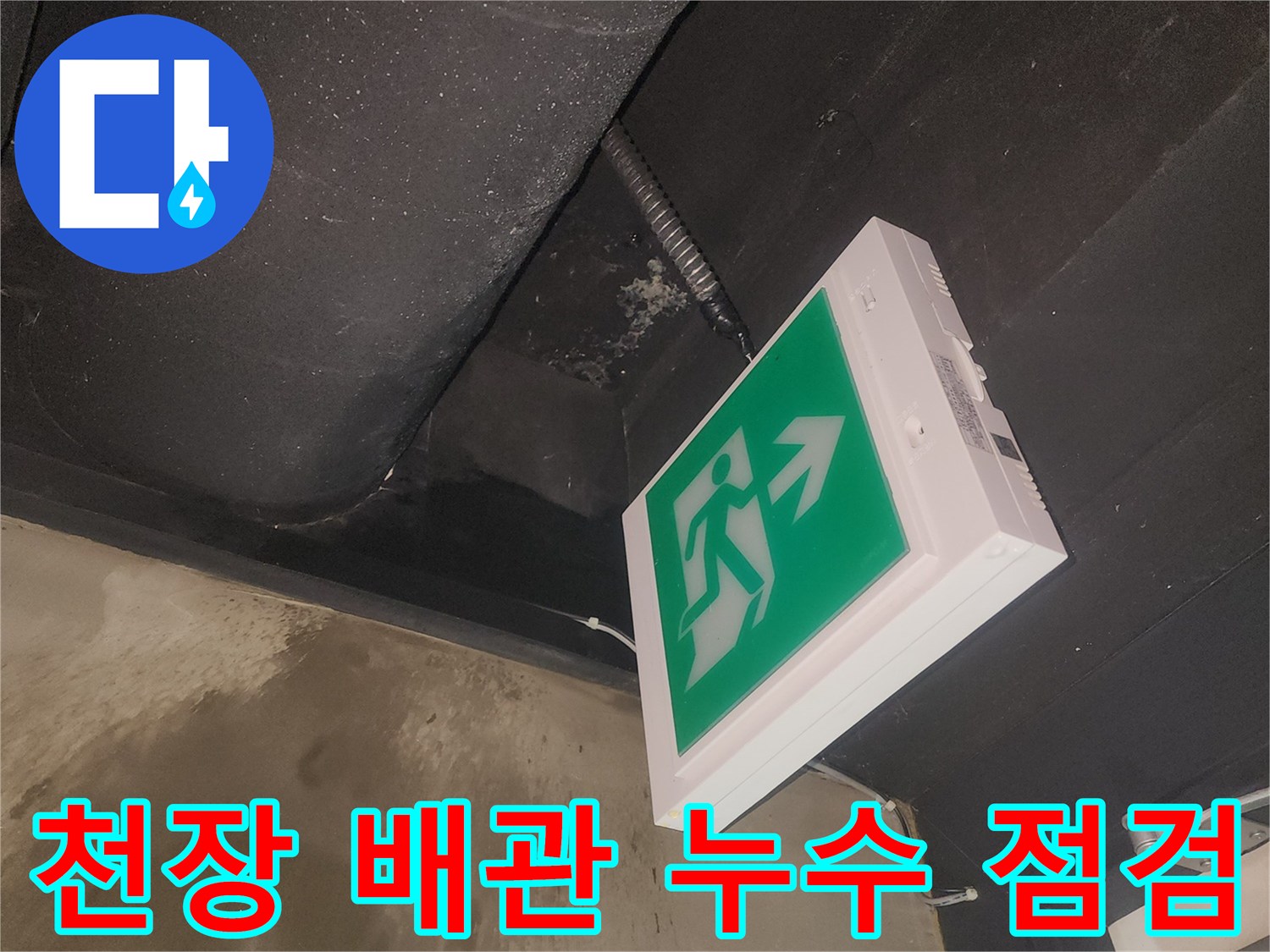 누수로 인해 젖어있는 천장과-비상구 표지판의 상태를 보여주는 사진입니다