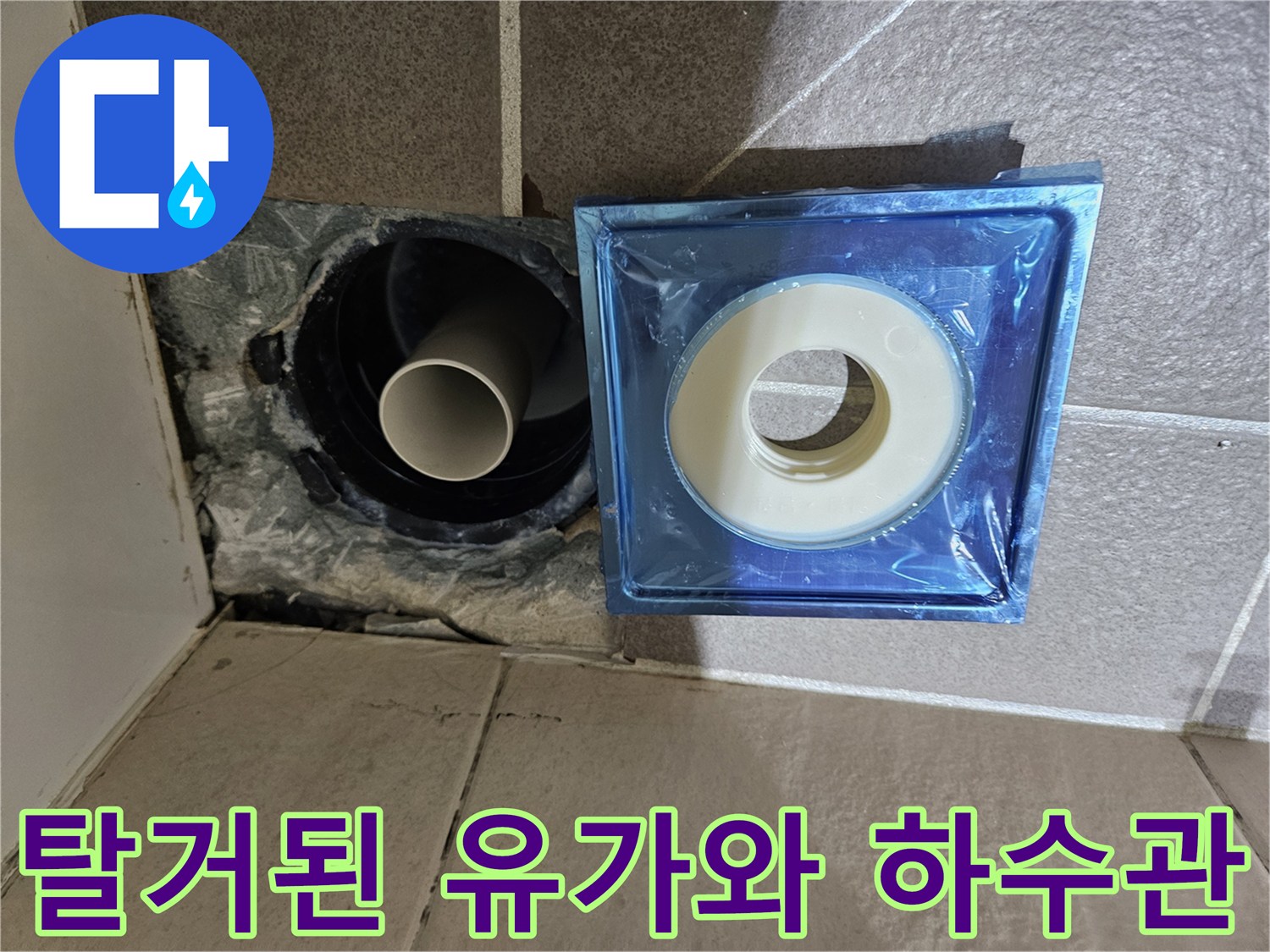 배수구 유가를 제거하여 확인한 하수 배관과 주변 타일 틈새