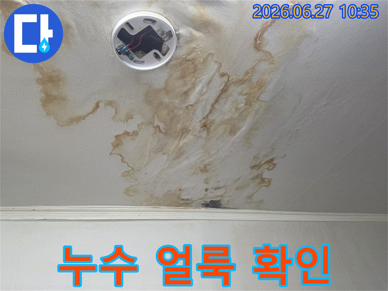 물샘으로 인해-천장 벽지가 젖고-변색된 모습을-자세히 보여주는 이미지