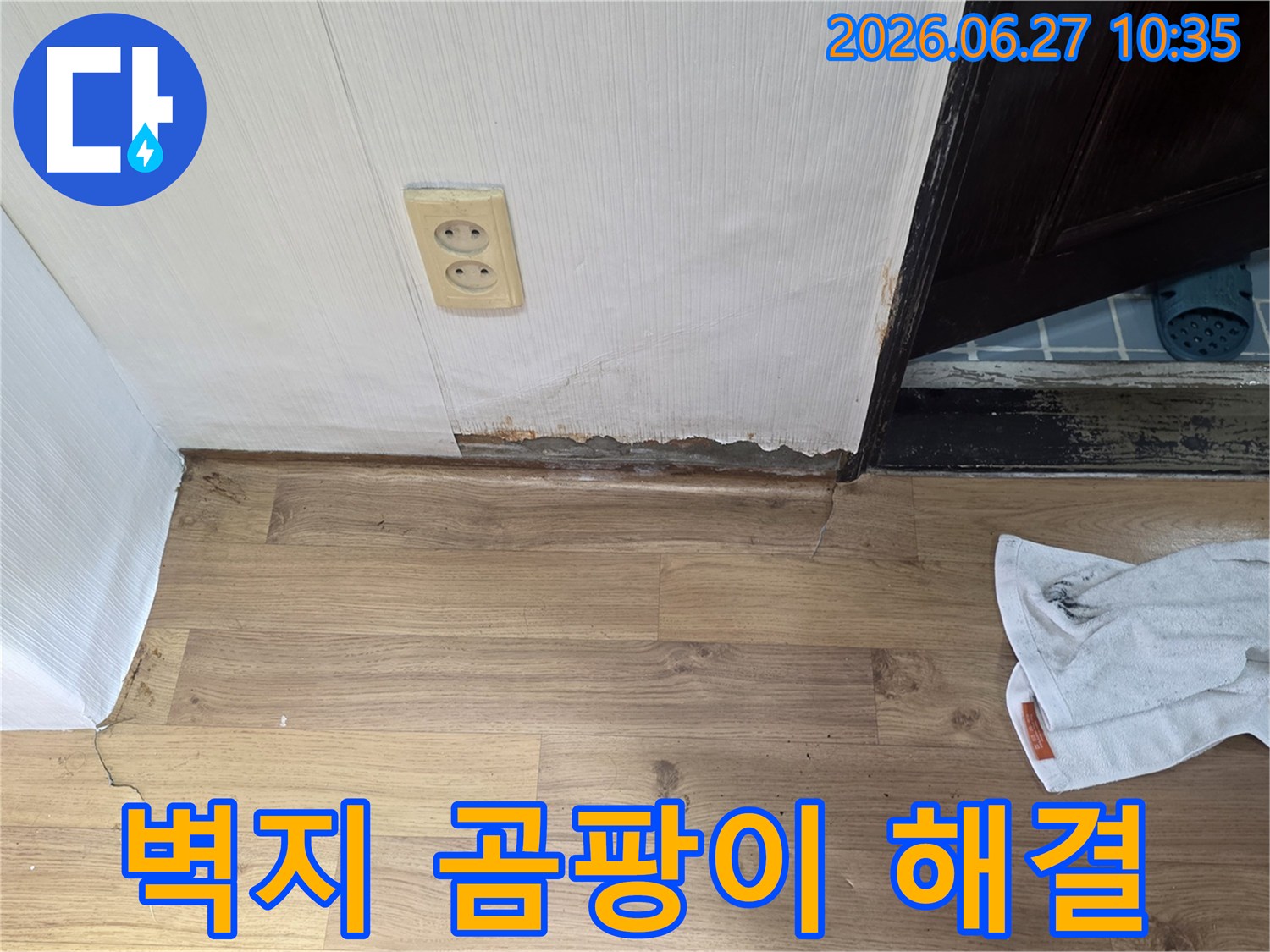 벽지 하단에 물기가 스며들어-곰팡이가 넓게 퍼진 누수 현장의 모습입니다.