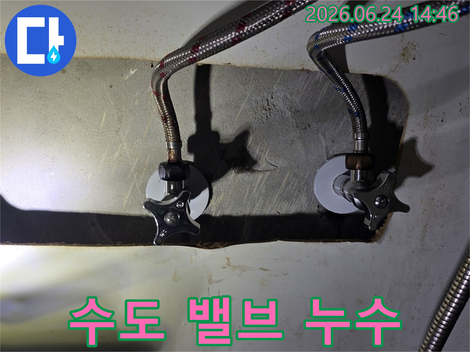싱크대 하부-수도 밸브에서-발생한-누수-현장을-전문가가-육안으로-정확히-확인하고-있는-사진