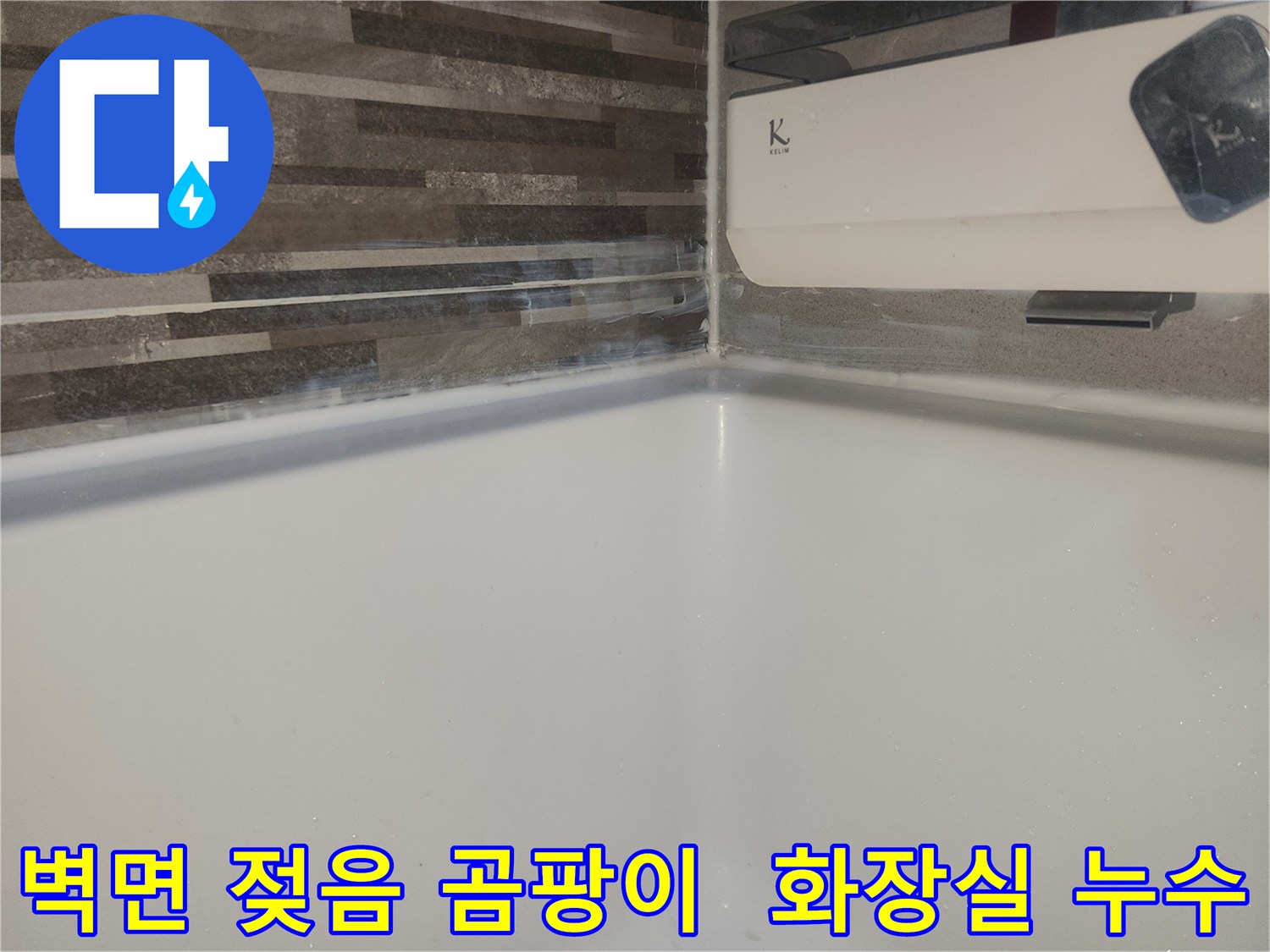 화장실 벽면 하단부가-지속적인 습기로 인해-젖어있고-곰팡이가 발생하기 시작한 모습