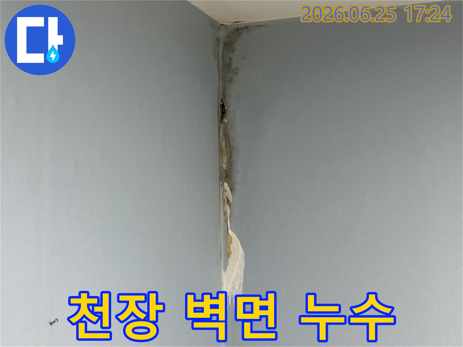 아파트-천장과-벽면-코너에서-발생한-누수로-인해-벽지가-젖고-심한-곰팡이가-피어난-손상-현장을-보여주는-사진입니다