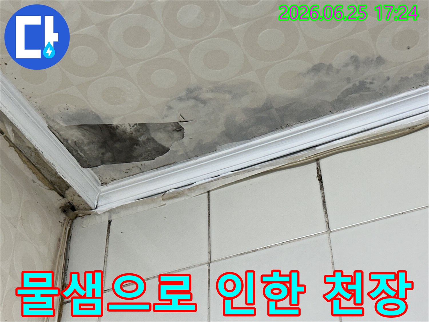 지속적인-물샘으로-천장-마감재가-젖어-들뜨고-곰팡이가-번진-모습을-누수-탐지-전문가가-정확히-파악하여-조치합니다