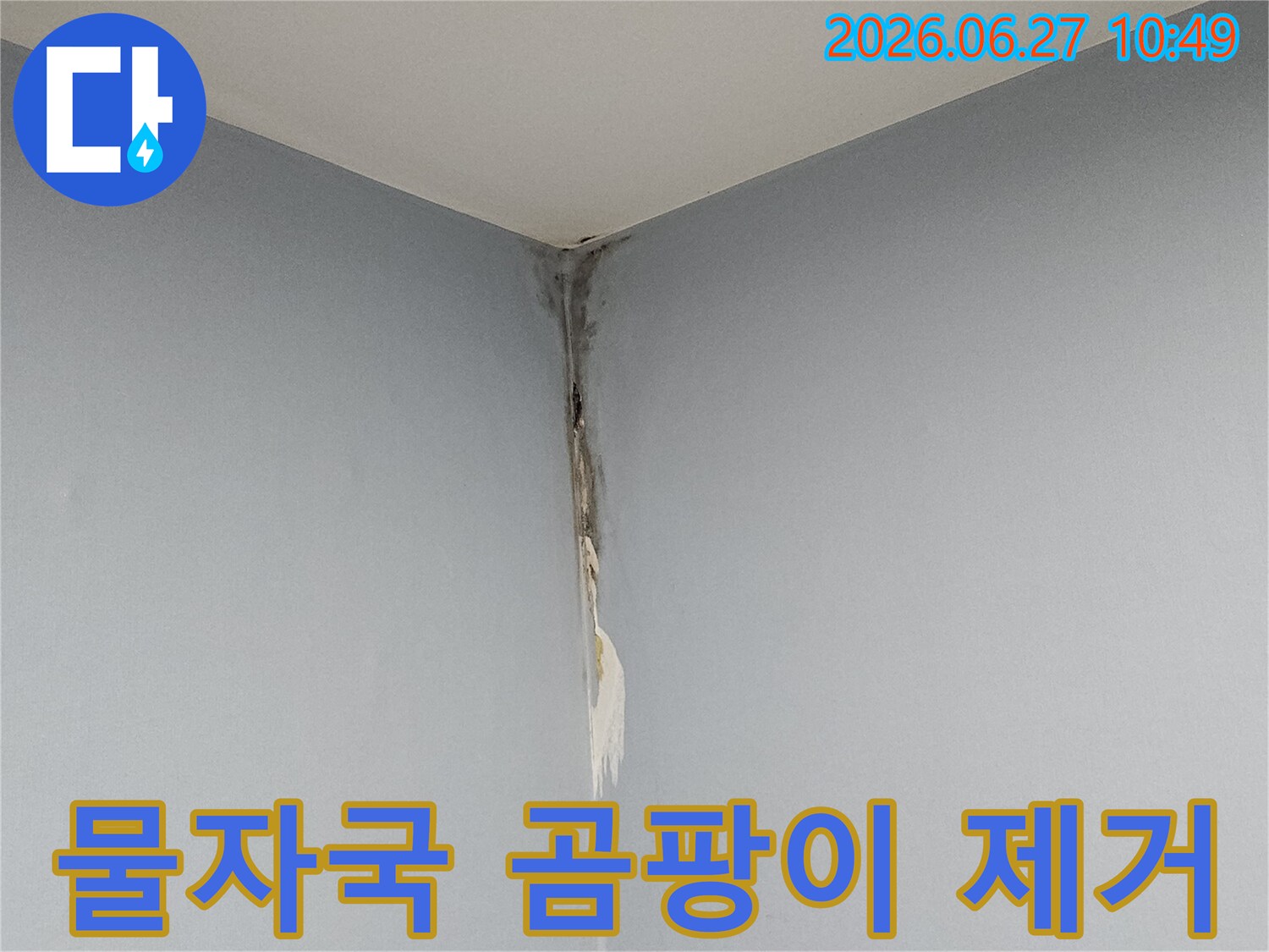 천장과 벽의 모서리 부근에 누수로 인한 물자국과 곰팡이가 발생하여-빌라 천장 누수 피해를 명확하게 보여주며-전문적인 제거 작업이 필요한 현장입니다.