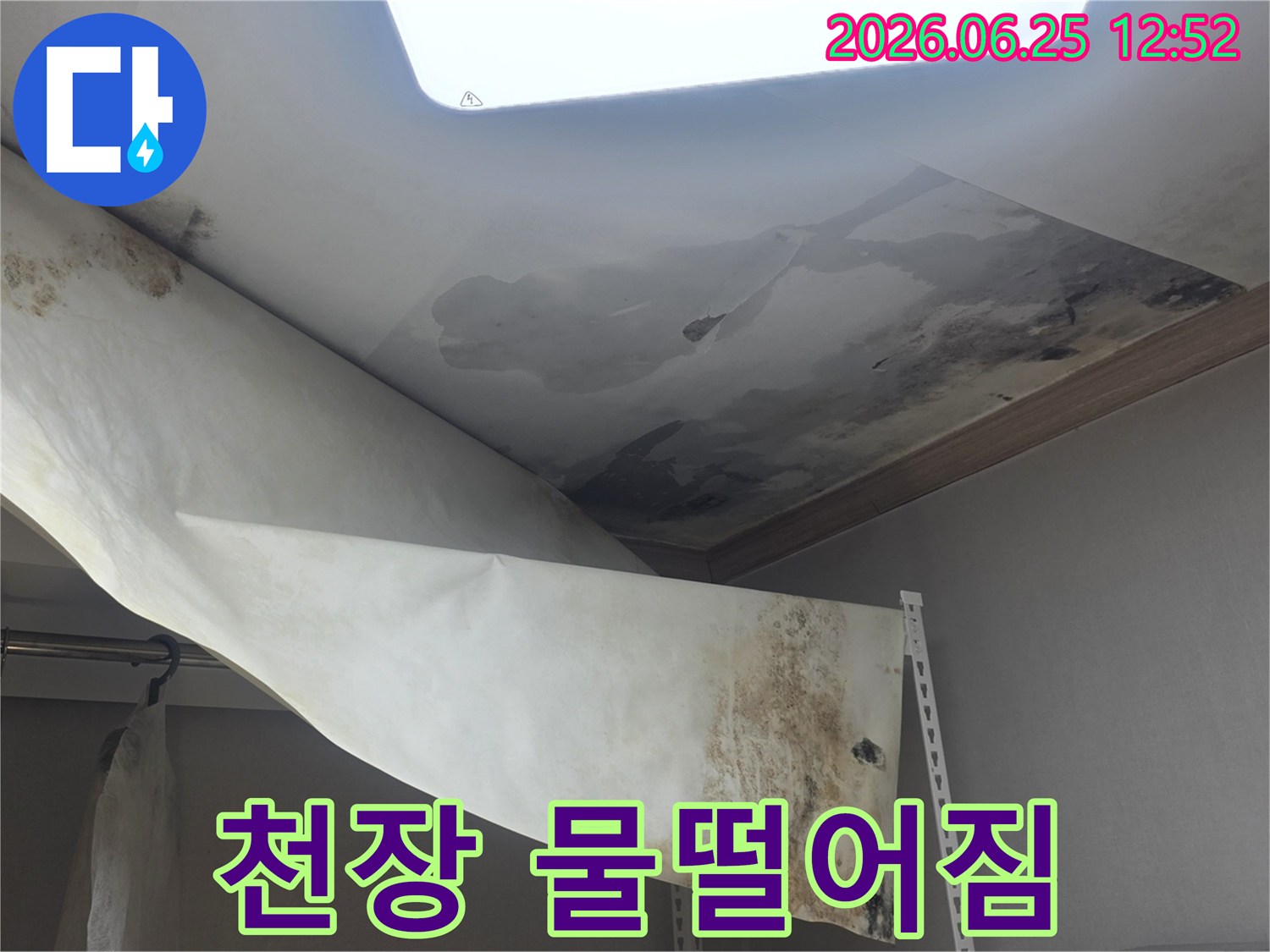 천장에서 물이 떨어져-벽지가 젖고-곰팡이가 발생한-심각한 누수 현장입니다