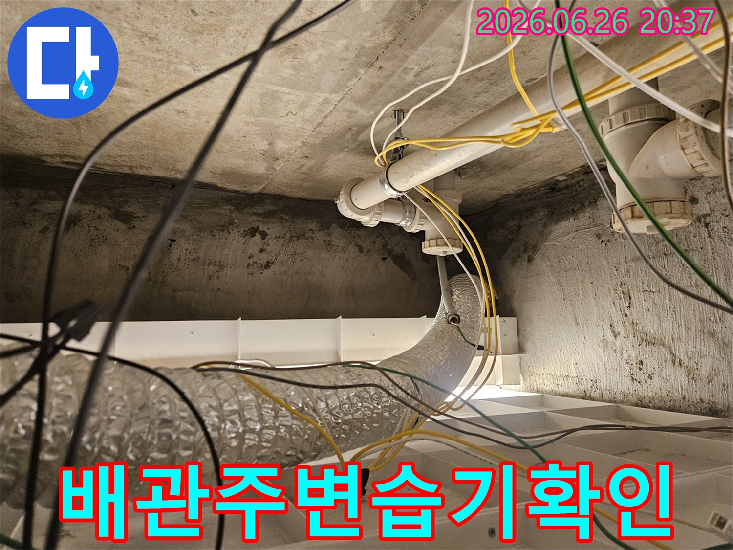 천장 내부의-복잡한 배관과-전선들 사이에서-누수 지점을-찾는-모습입니다