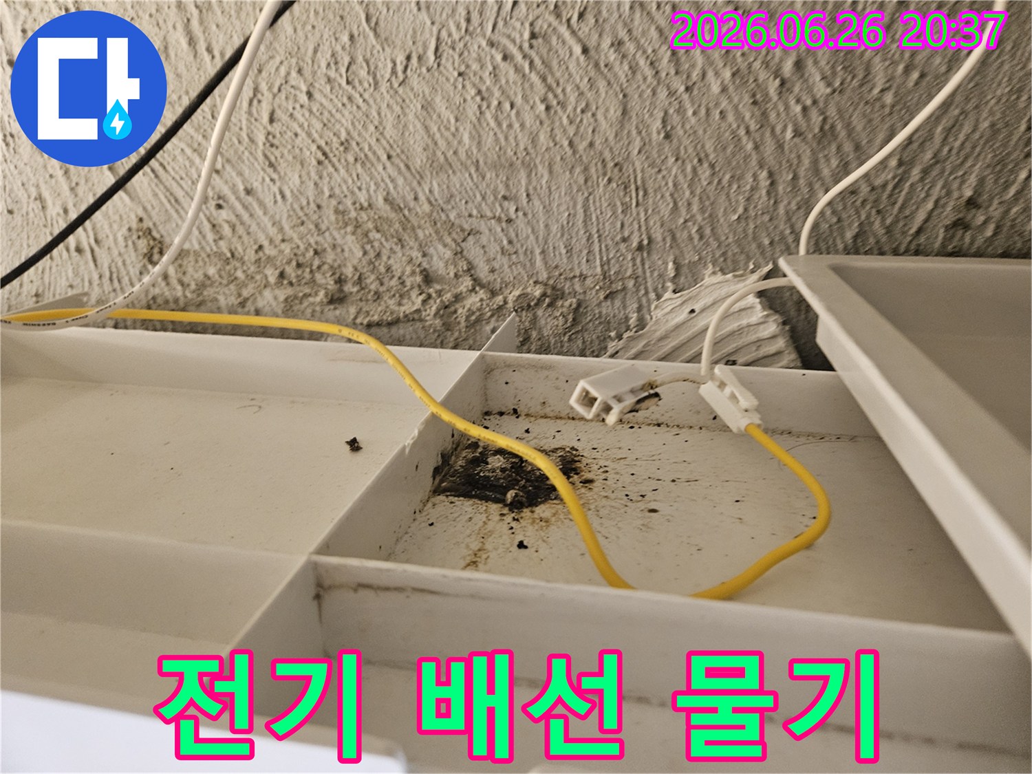 천장 내부의-전기 배선에-물기가 스며들어-부식과-합선 위험이 있는-상황