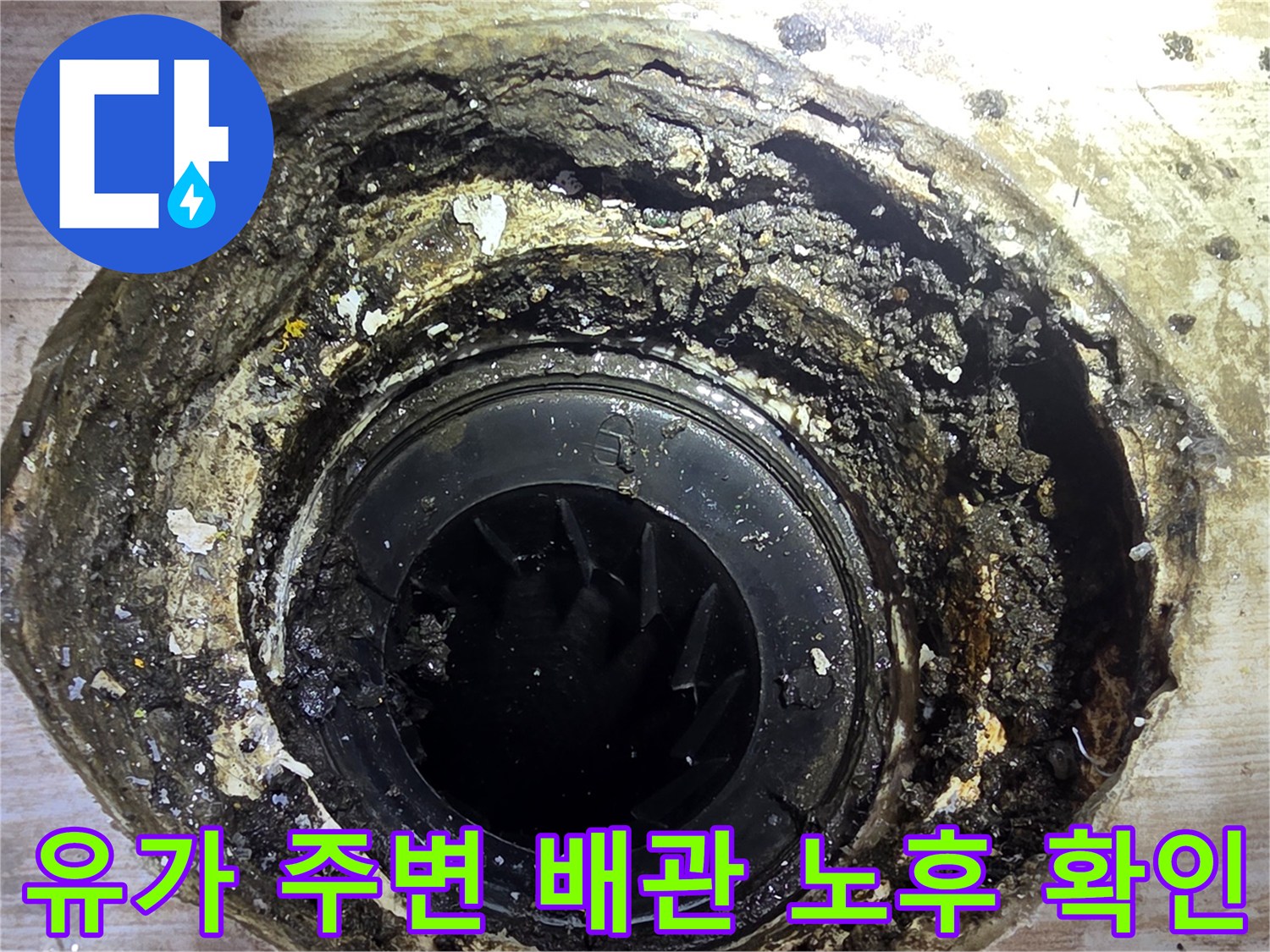 노출된 배수구 내부의 파손된 연결 부위와 오염도