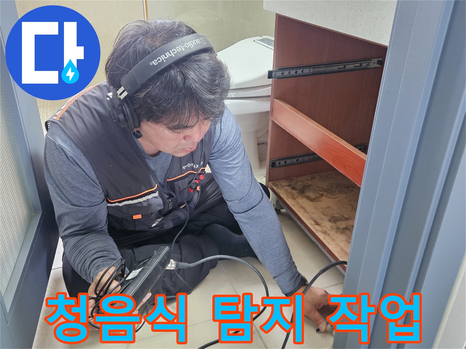 청음식 탐지기를 사용하여 세면대 아래 배관의 미세한 소리를 추적하는 모습입니다.