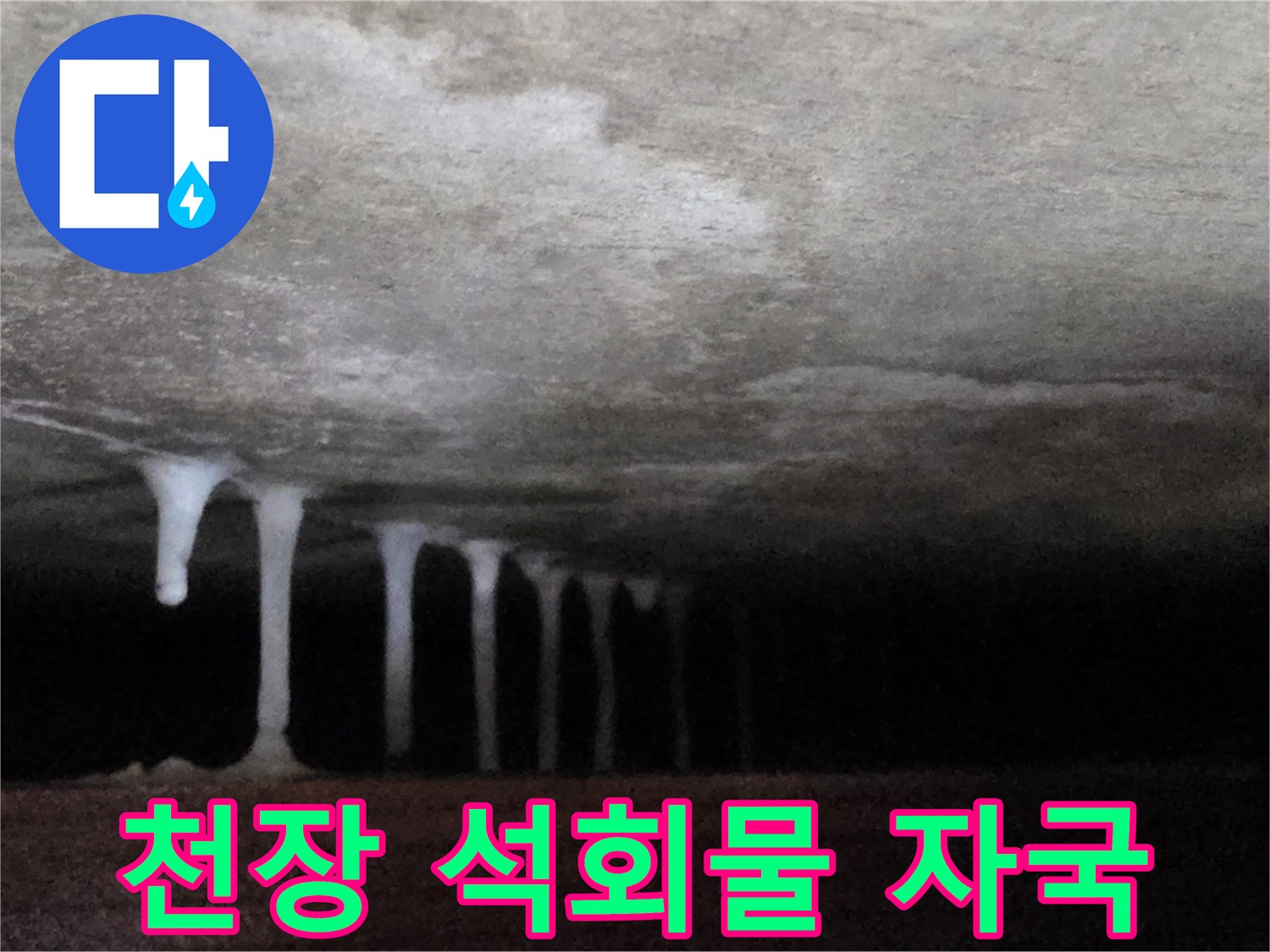 콘크리트 천장에서 맺힌 하얀색 석회물 고드름