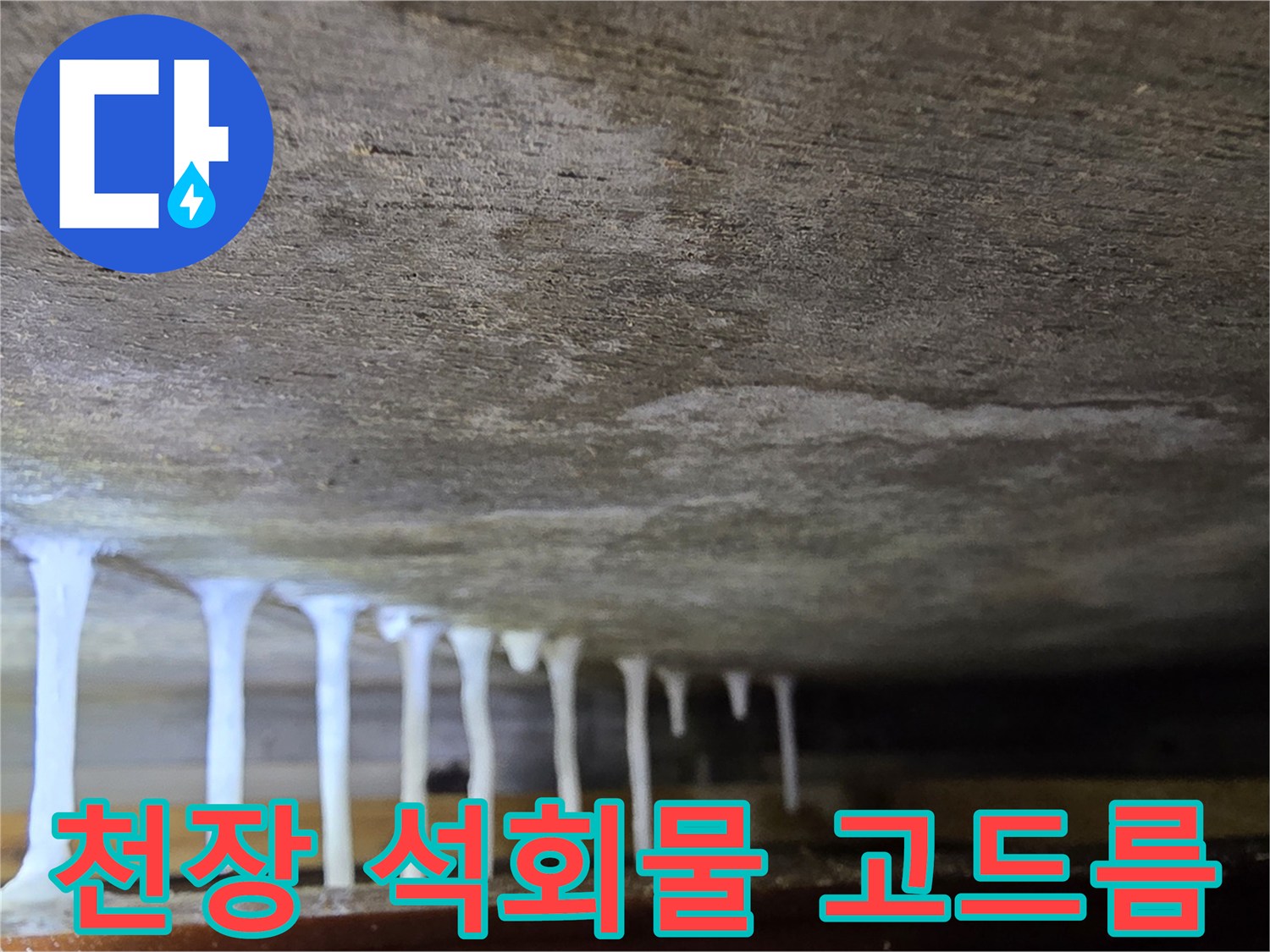콘크리트 천장에서 흘러내린 하얀 석회물 고드름 현상