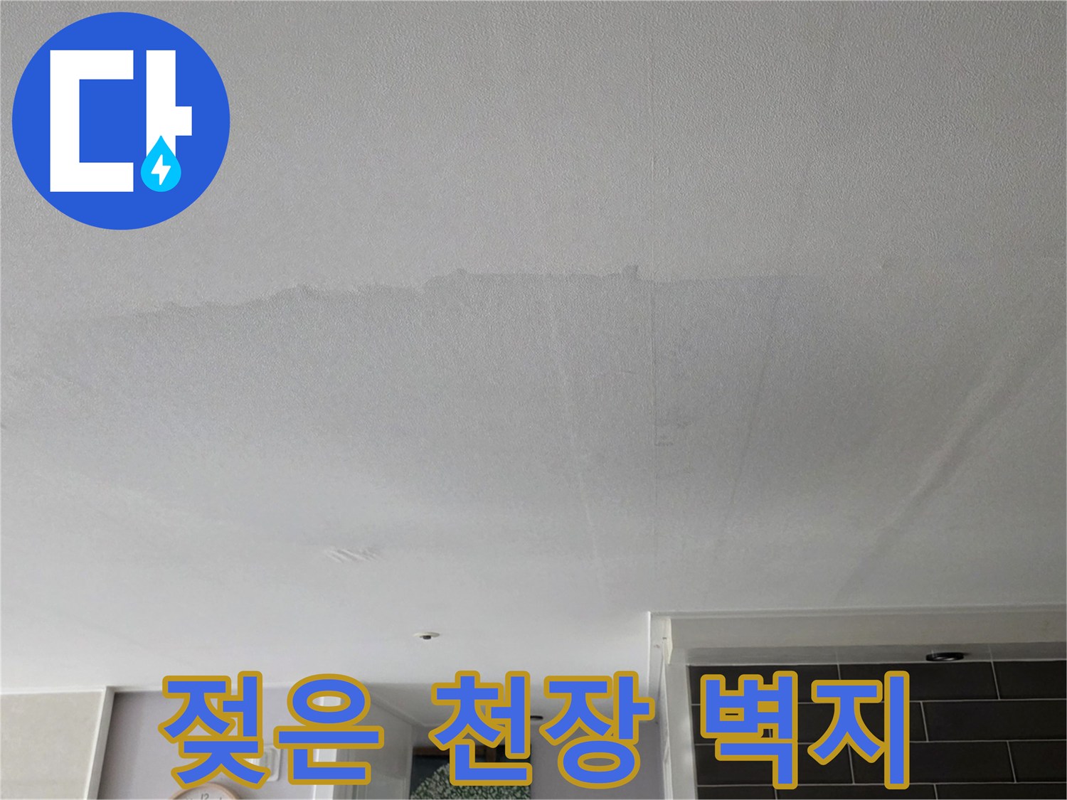 물에 젖어 어둡게 변한 거실 천장 부위