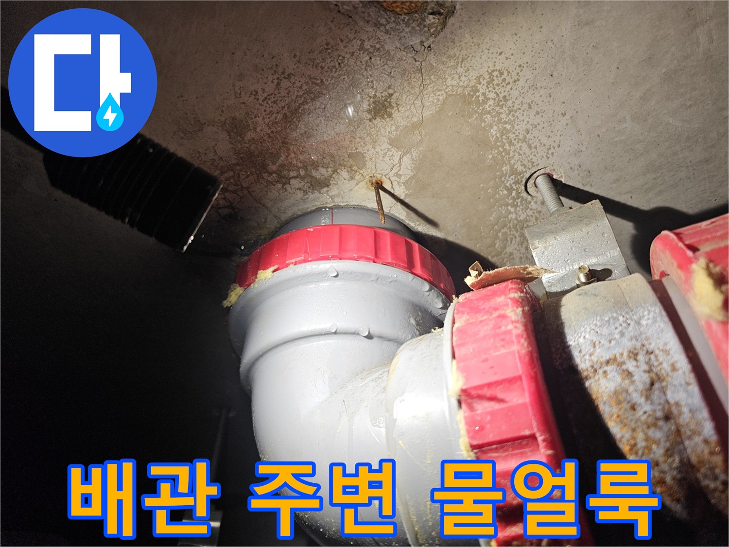욕실 천장 배관 부위-물샘으로 인해 젖어있는 배관 연결부