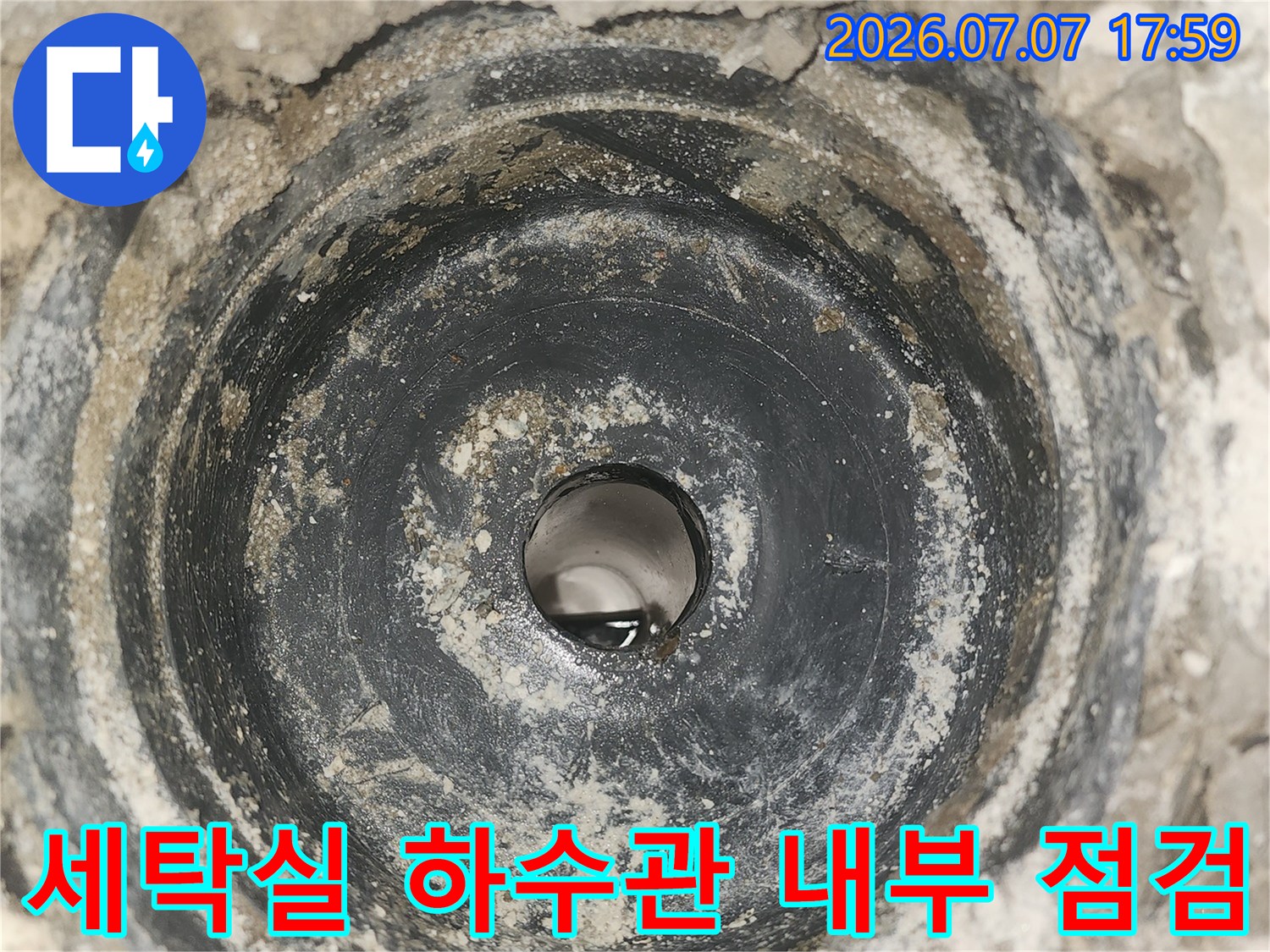 세탁실 배수구 안쪽의 하수관과 노출된 배관 구조를 촬영한 사진