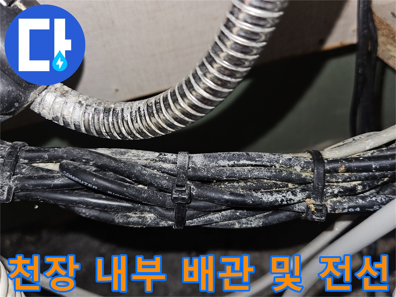 아파트 천장 내부의 복잡한 전기 배선과 금속 플렉시블 배관 상태를 보여줍니다.