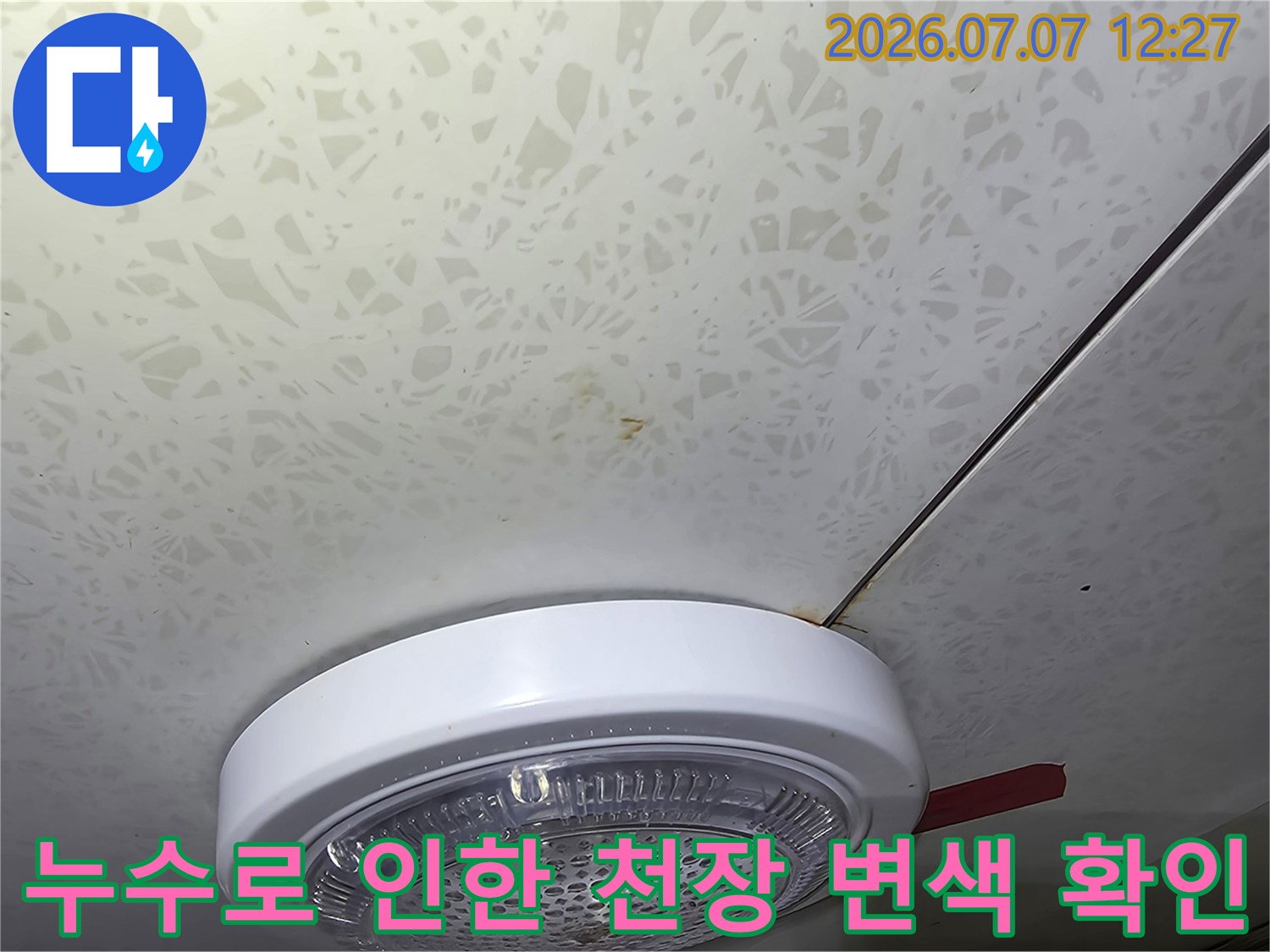 조명 기구 주변에 나타난 누수 흔적과 오염 상태