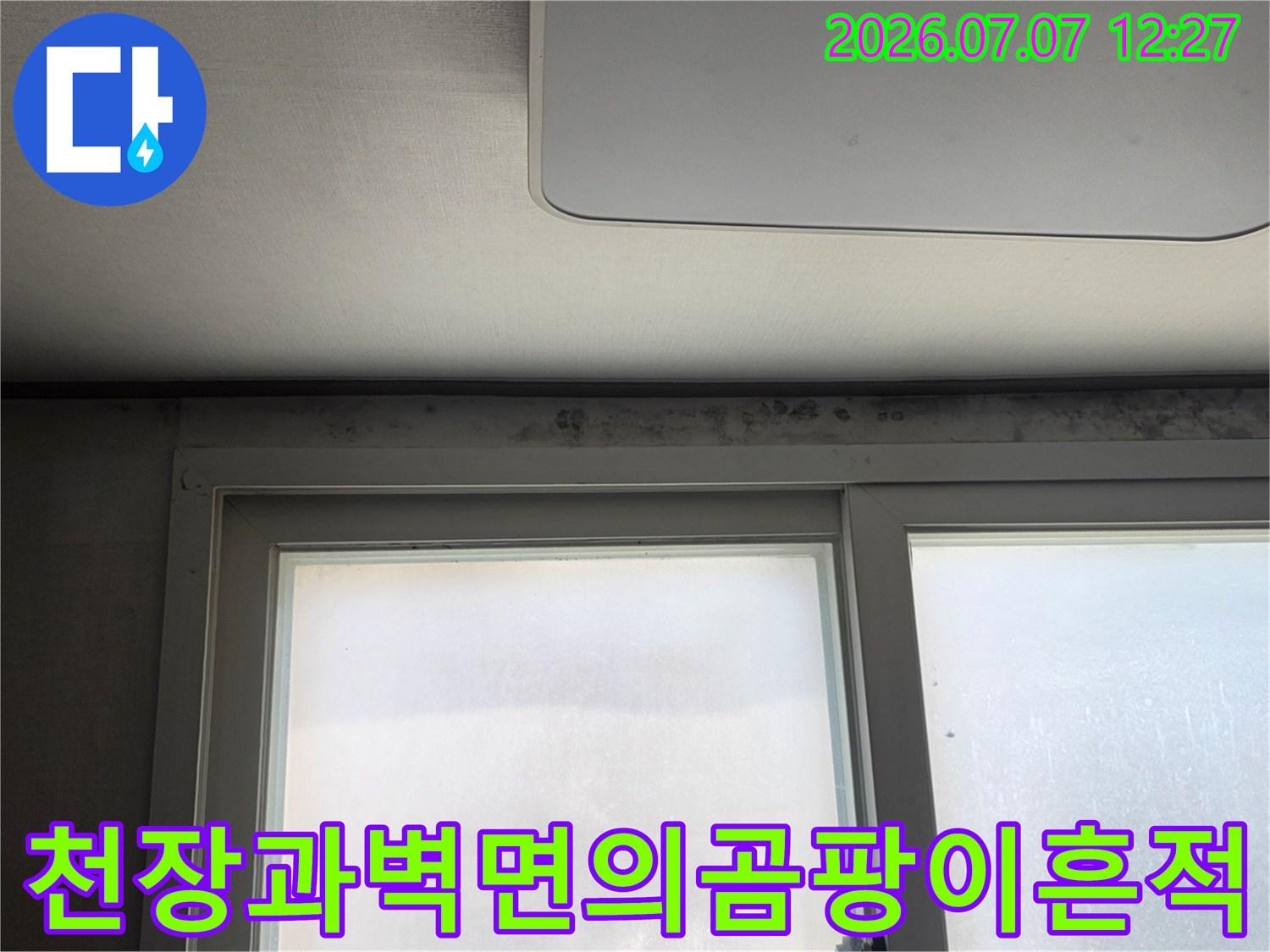 천장과벽면에 발생한 짙은 얼룩과 습기로 인한 곰팡이 오염 상태