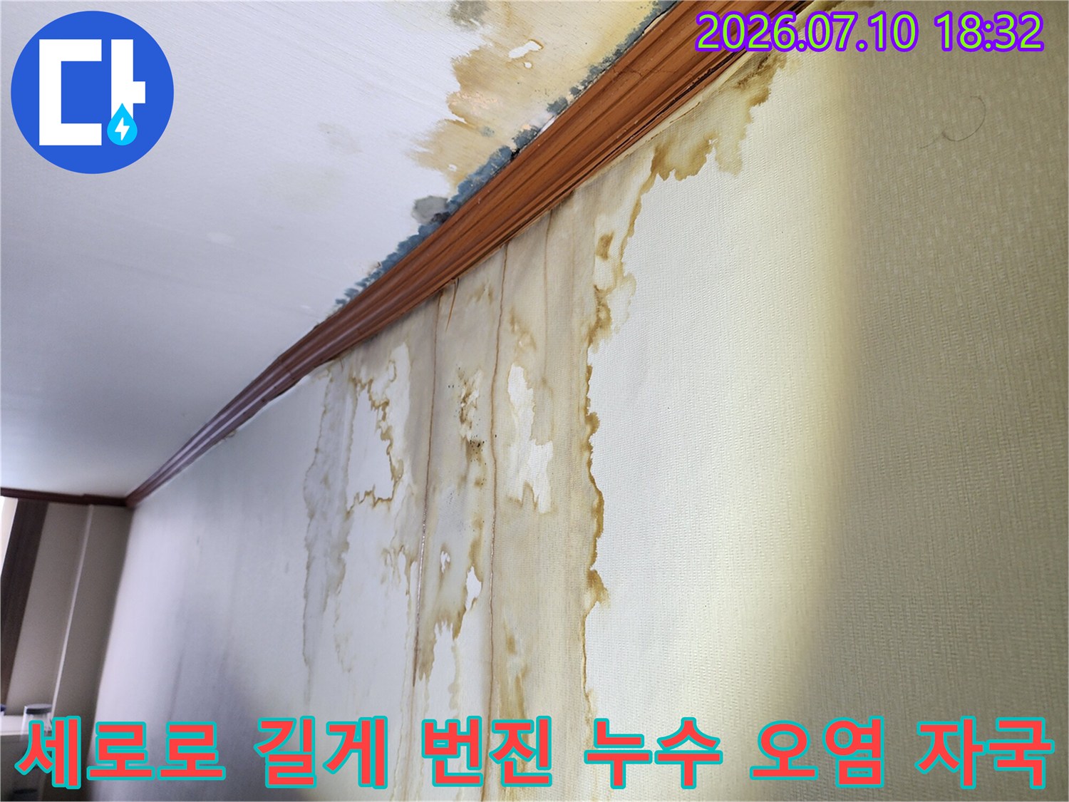 지속적인 수분 유입으로 인해 변색된 실내 벽면과 천장
