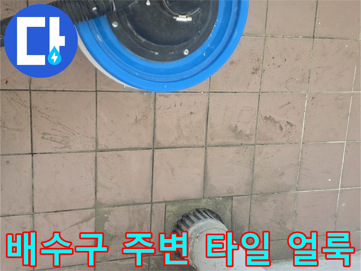 세탁실 하수구 주변의 젖은 타일 상태 - 배관 누수 의심 부위