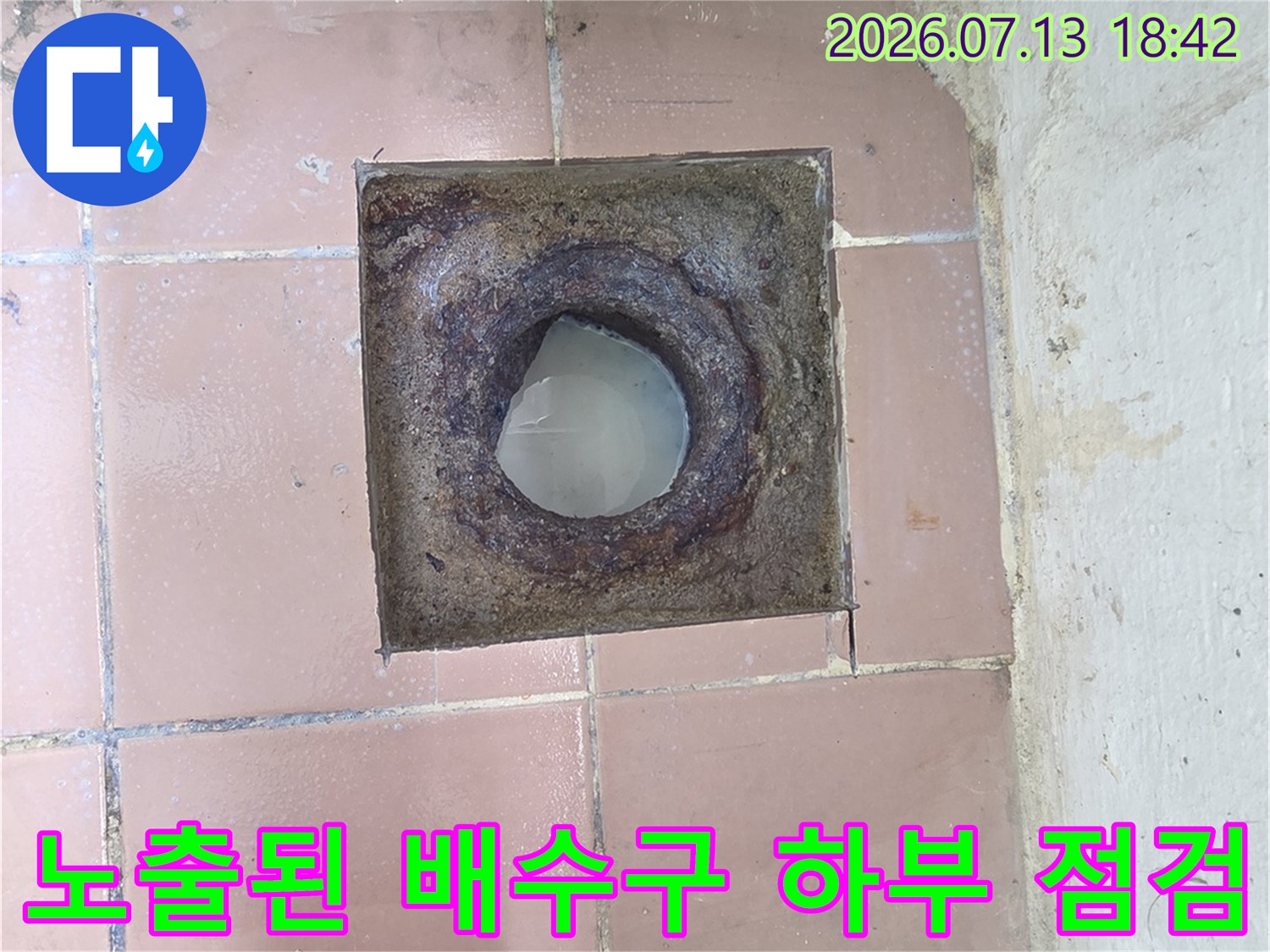 파손된 타일 사이로 노출된 배수구 주변의 오염 및 파손 상태