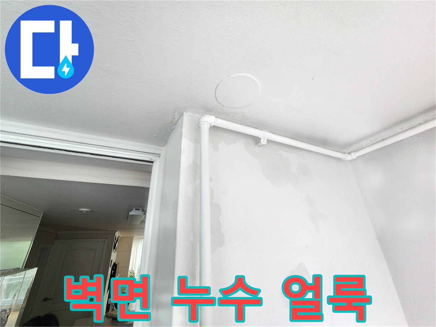 배관 주변 벽면에 발생한 젖은 흔적과 얼룩진 상태