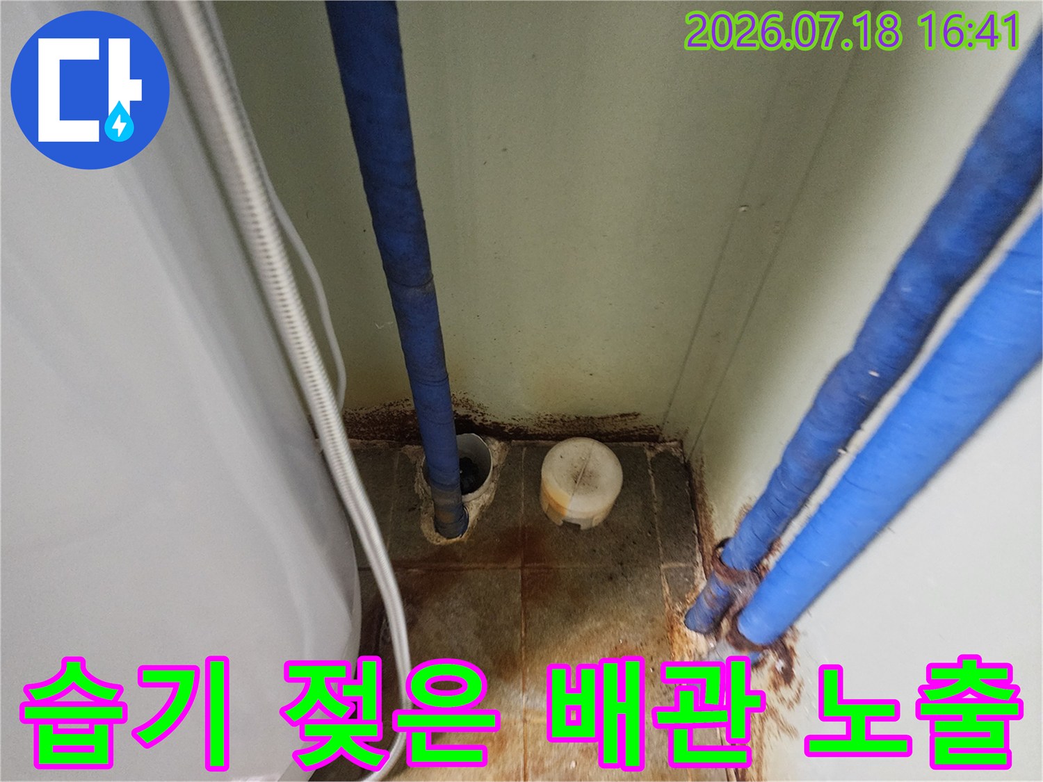파란색 외관의 배관과 주변 타일 및 콘크리트 변색 부위