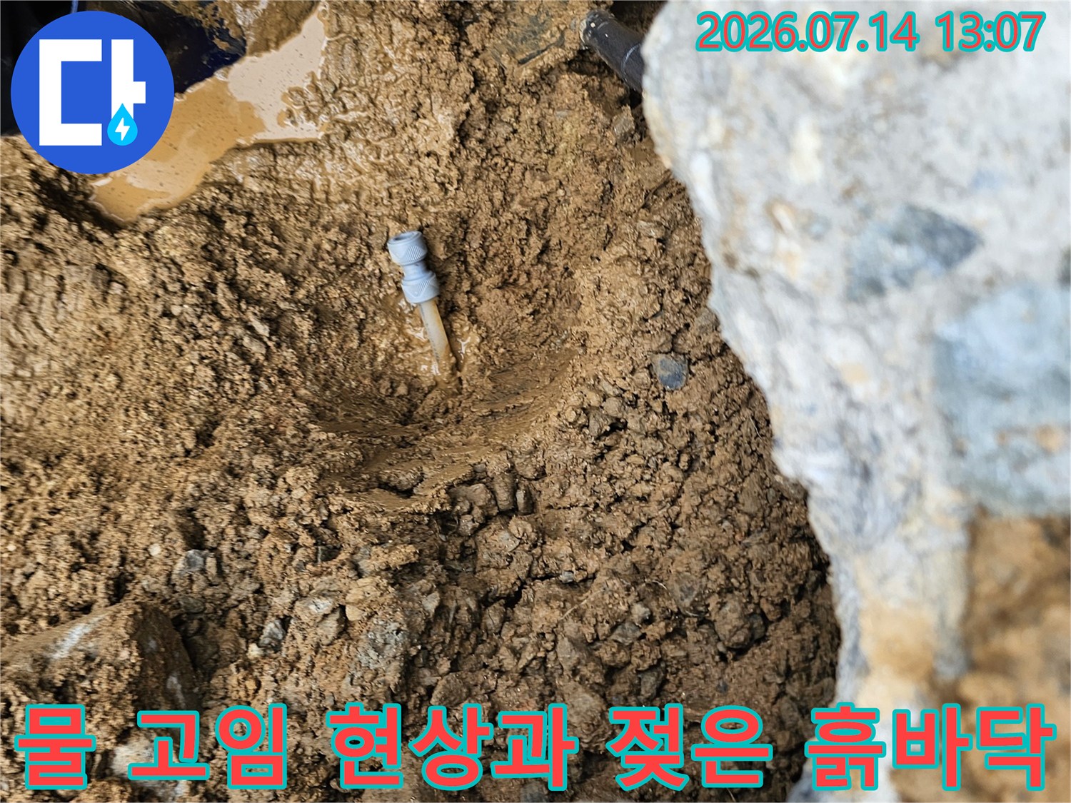 누수로 인해 진흙처럼 변한 지표면과 노출된 배관 주변부