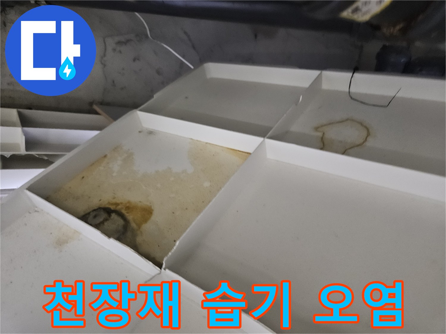 누수로 인해 갈색으로 변한 천장 텍스 판넬