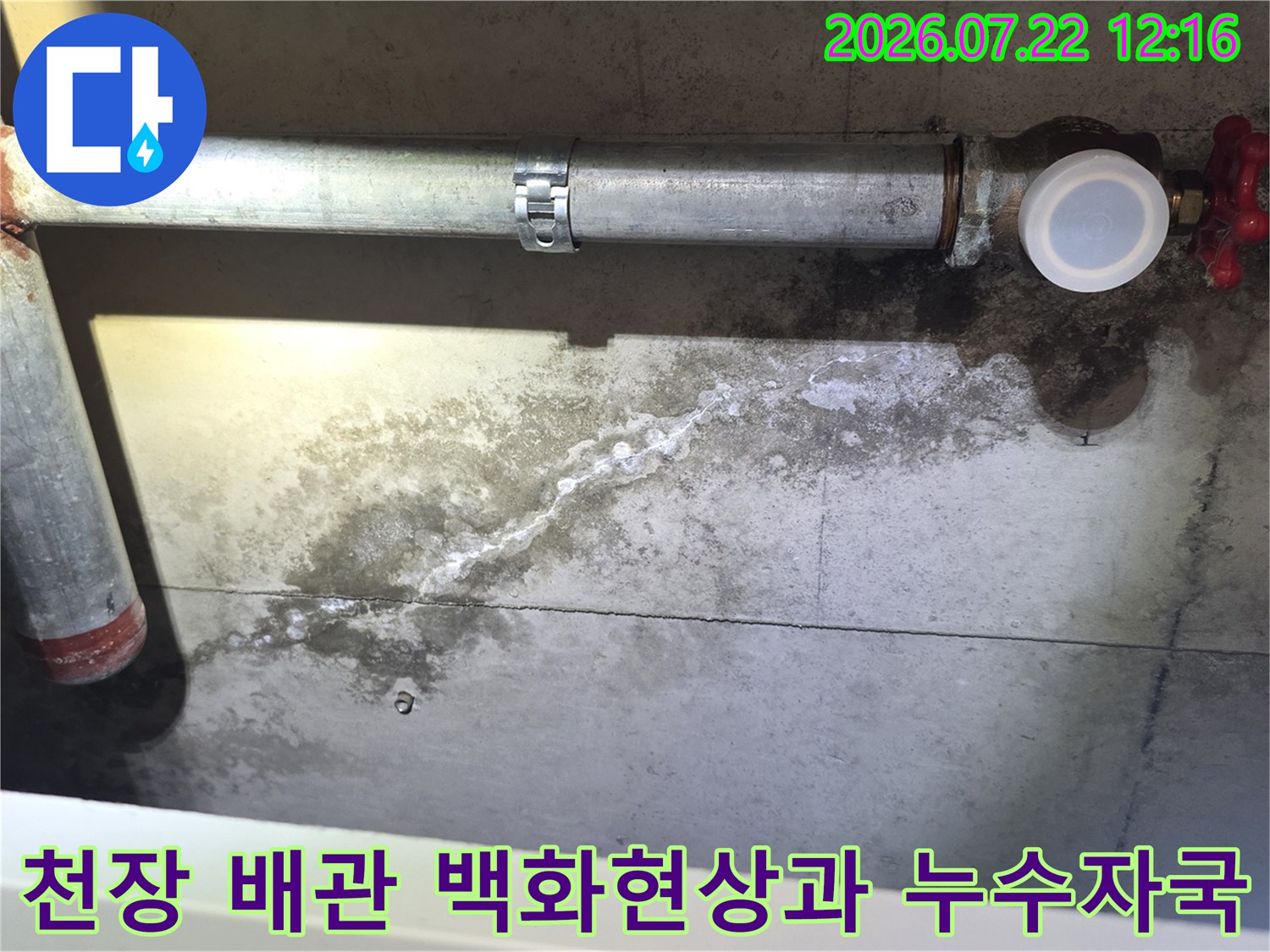 콘크리트 천장에서 배관을 타고 흘러내린 하얀색 백화 현상-물자국 사진