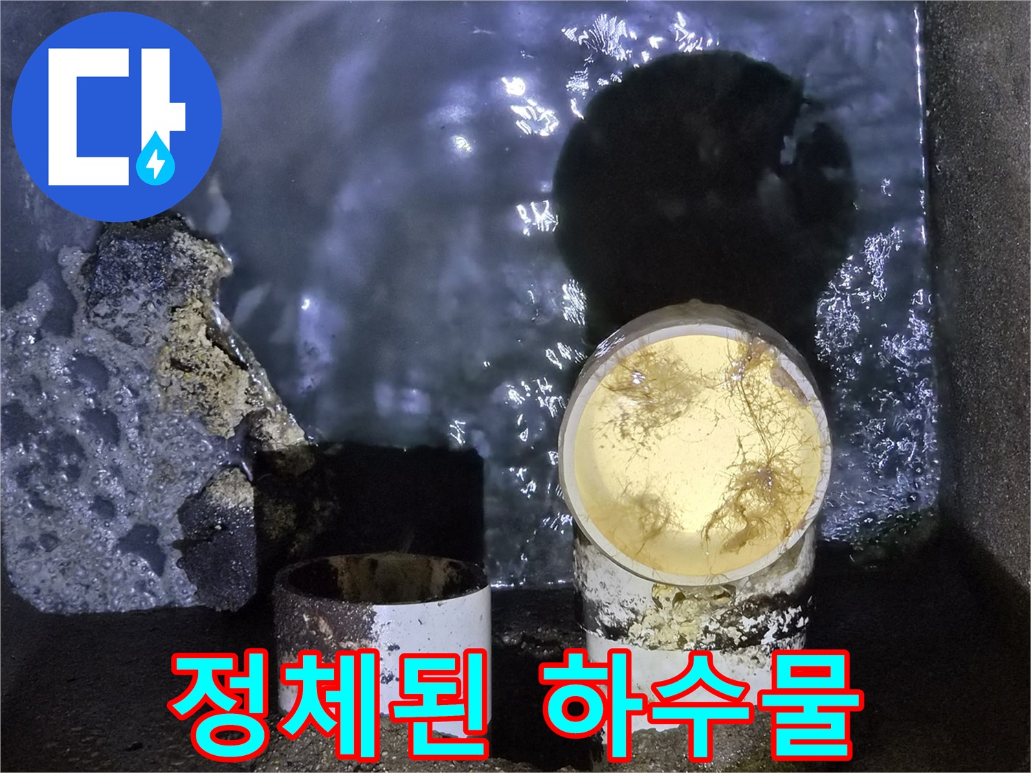 하수 배관 내부에 고여 있는 오염된 물과 이물질 상태