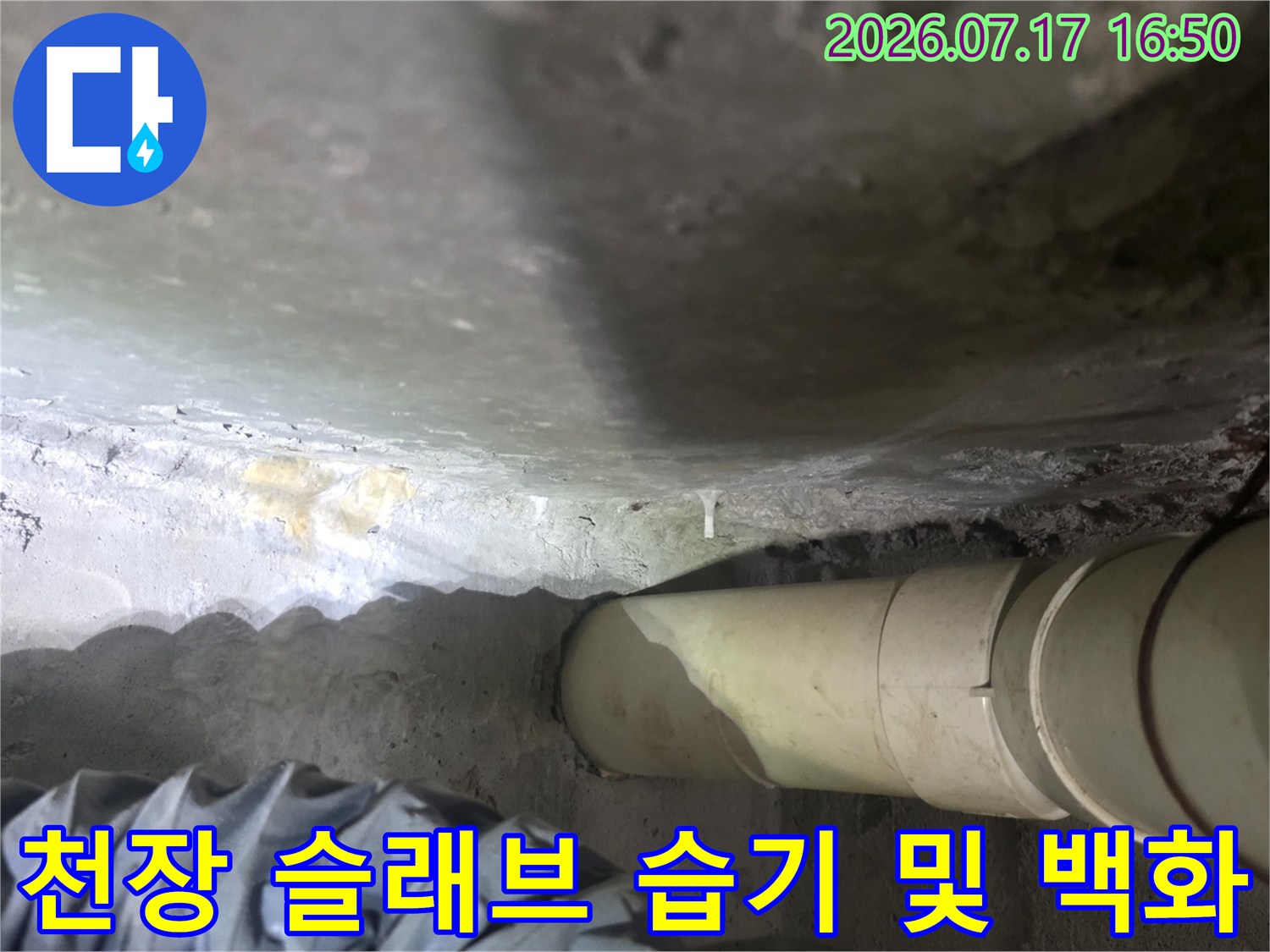 습기로-인해-변색된-콘크리트-천장과-하얀-백화현상-모습