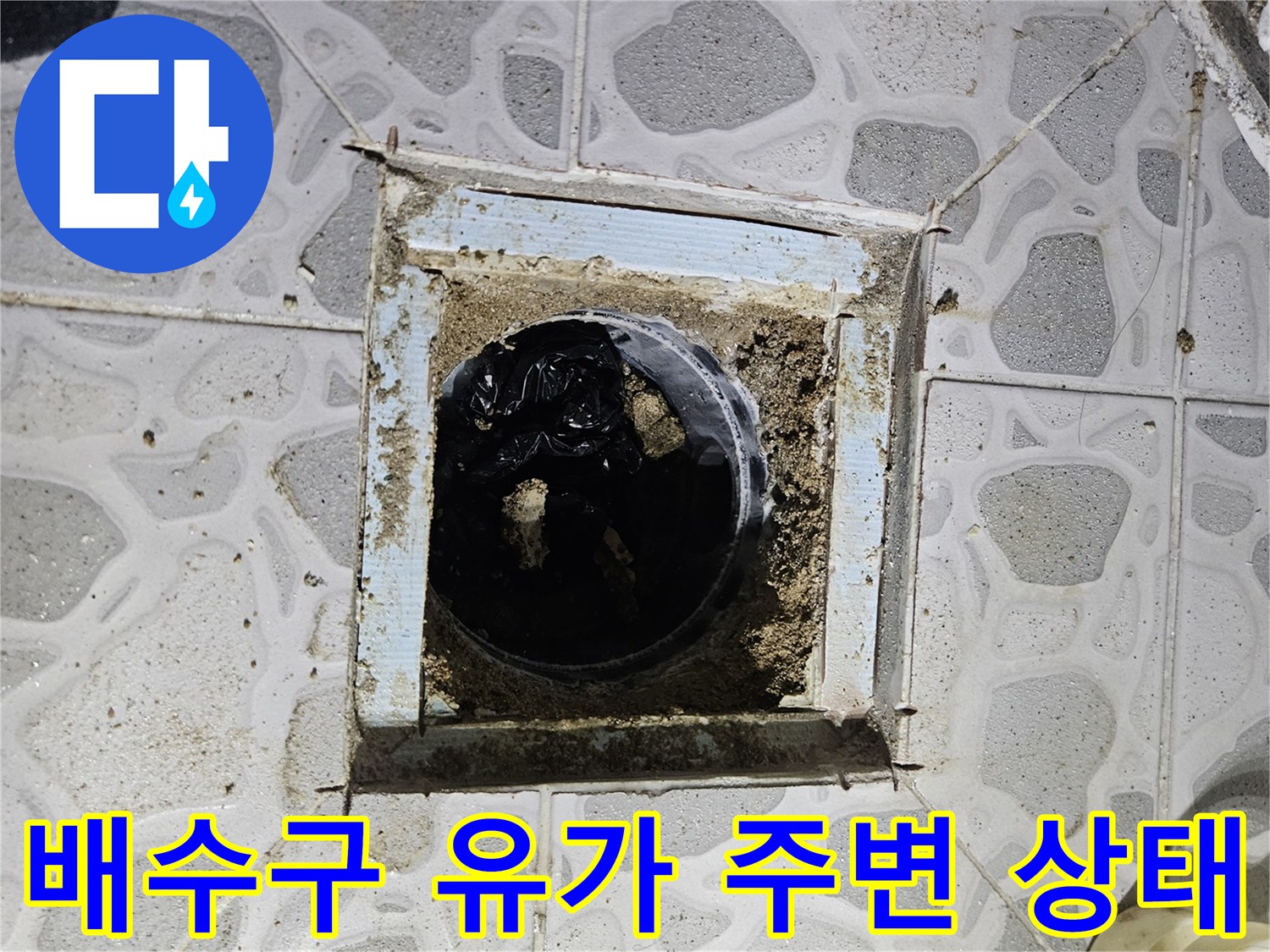 춘천 후석동 현장의-화장실 배수구 유가 주변 타일 틈새와 배관 내부 모습