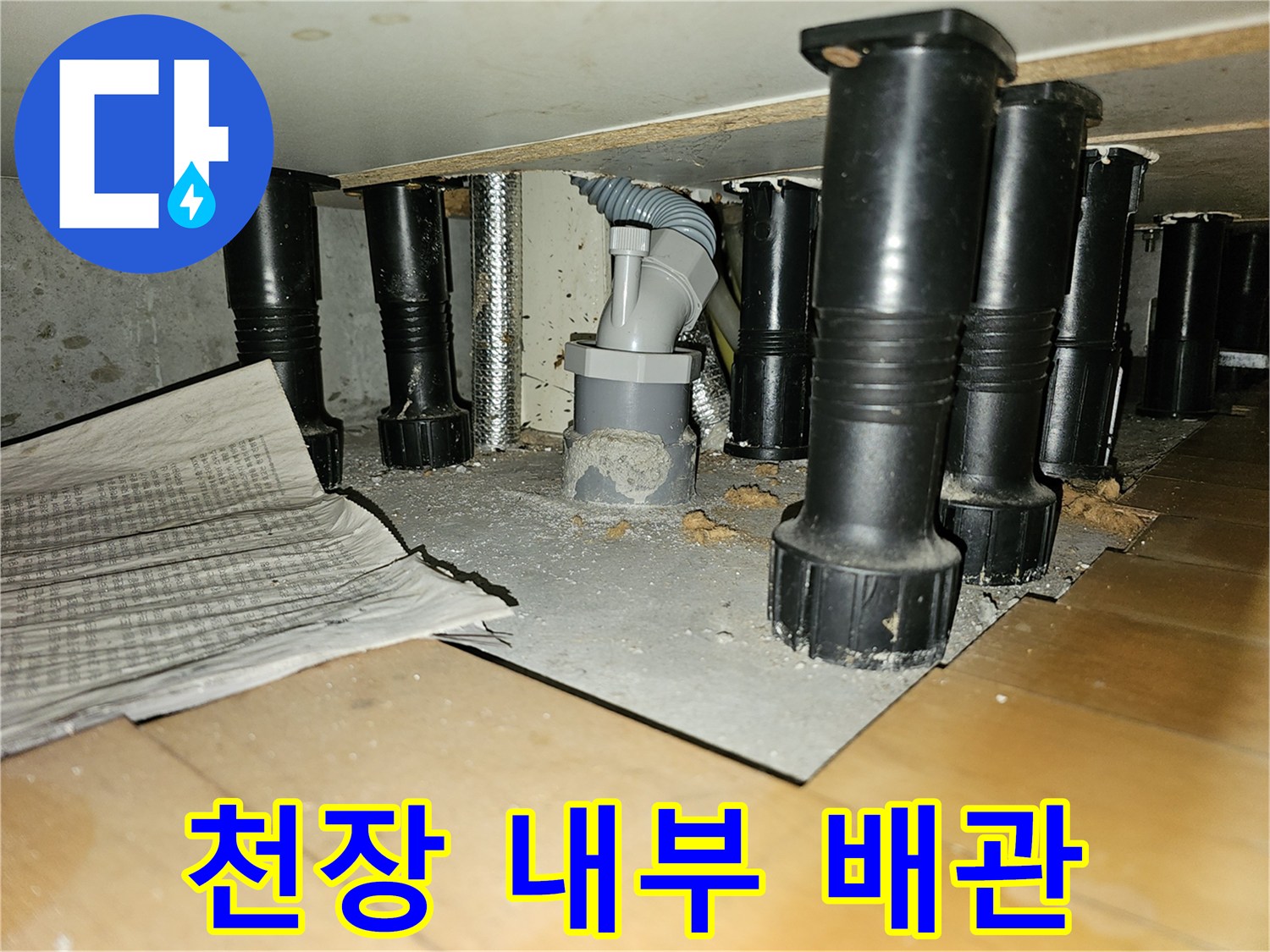 상도동 아파트 천장 안쪽의 검은색 드레인 파이프와 배수 구조물 확인