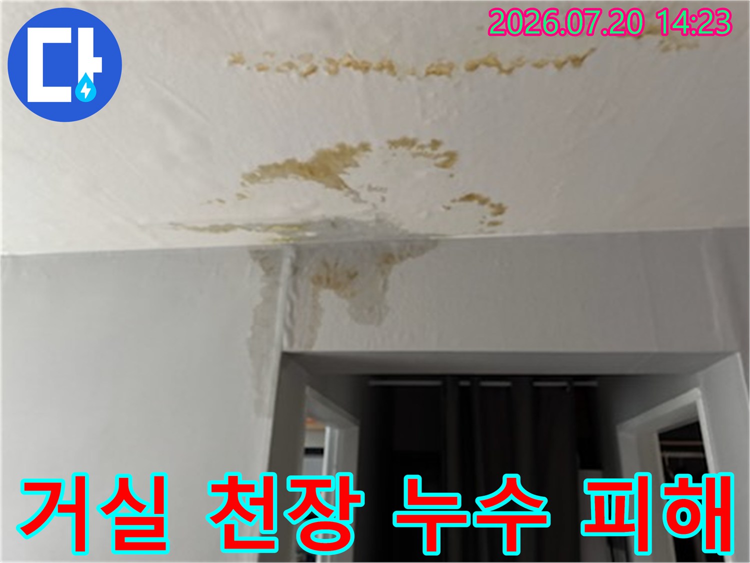 거실 문틀 위쪽으로 번진 배관 누수 흔적과 물자국이 남은 천장