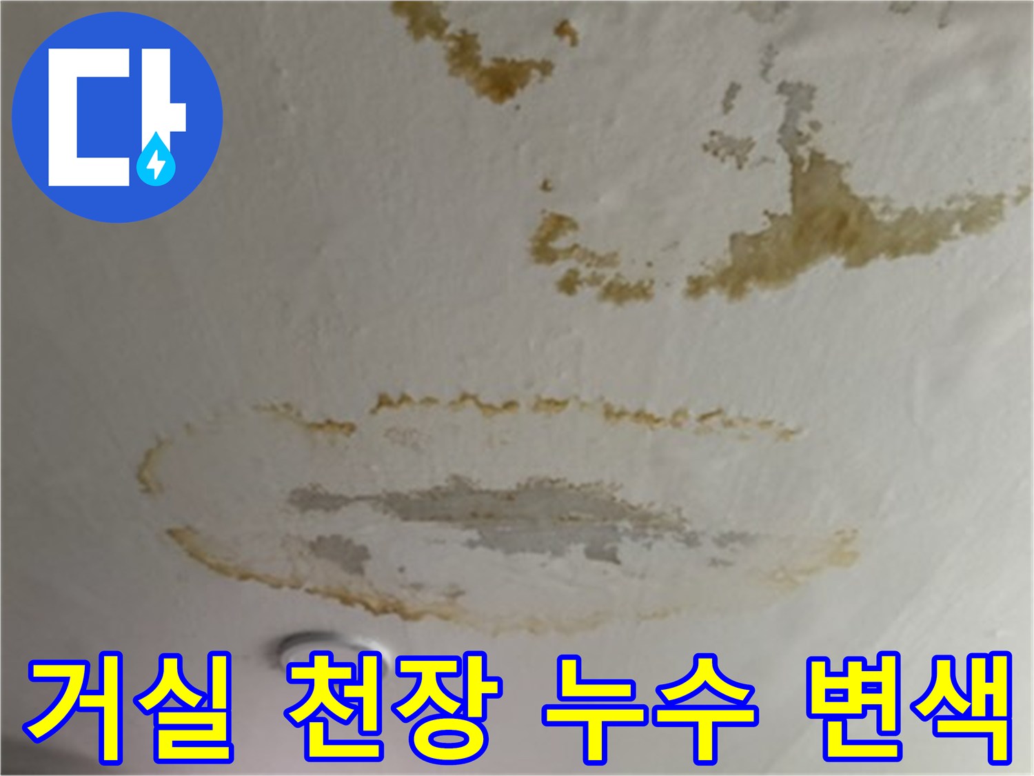 천장 도배지-누수로 인해 갈색으로 변한 넓은 얼룩 부위