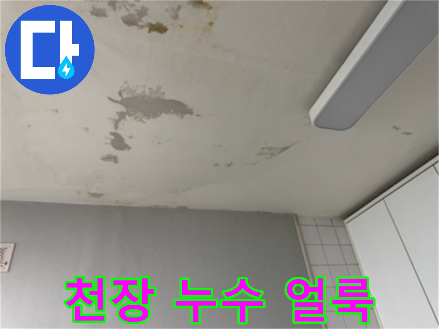 천장 벽지에 발생한 누수성 물자국과 변색