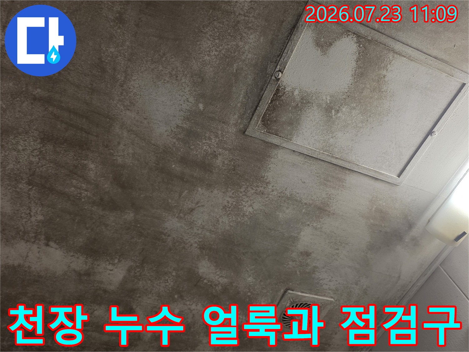 회색빛 천장에 물자국이 넓게 퍼져 있고 사각형 점검구가 설치된 모습