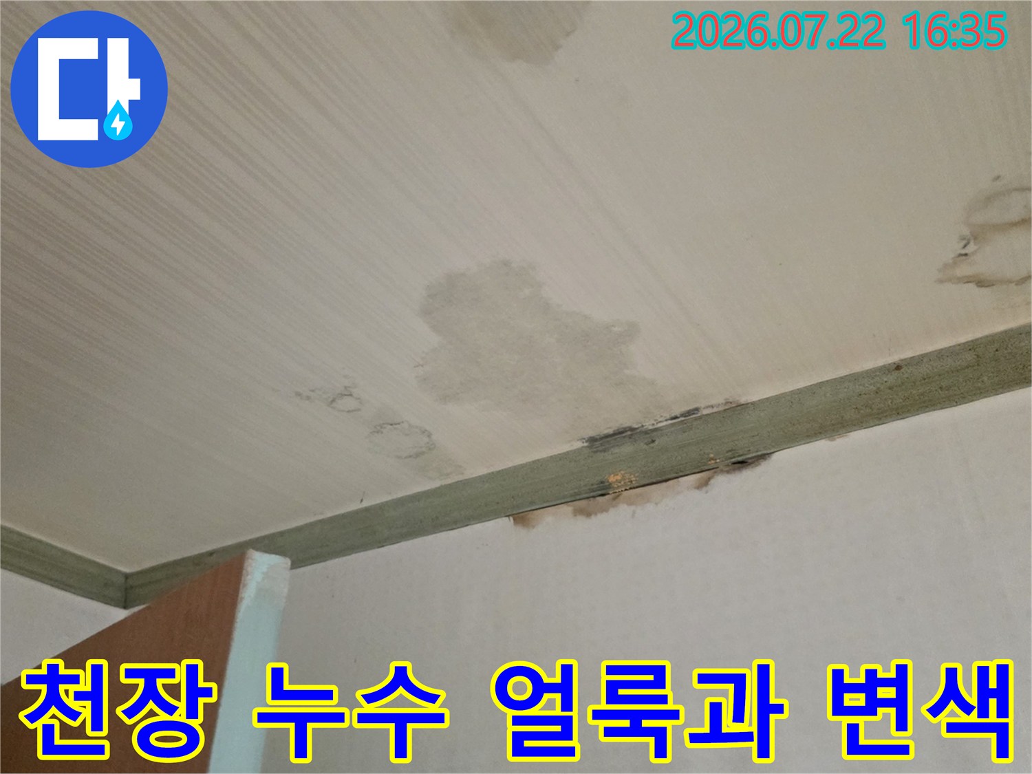 흰색 천장 마감재에 발생한 갈색 누수 얼룩-습기로 인해 벽지가 변색된 모습