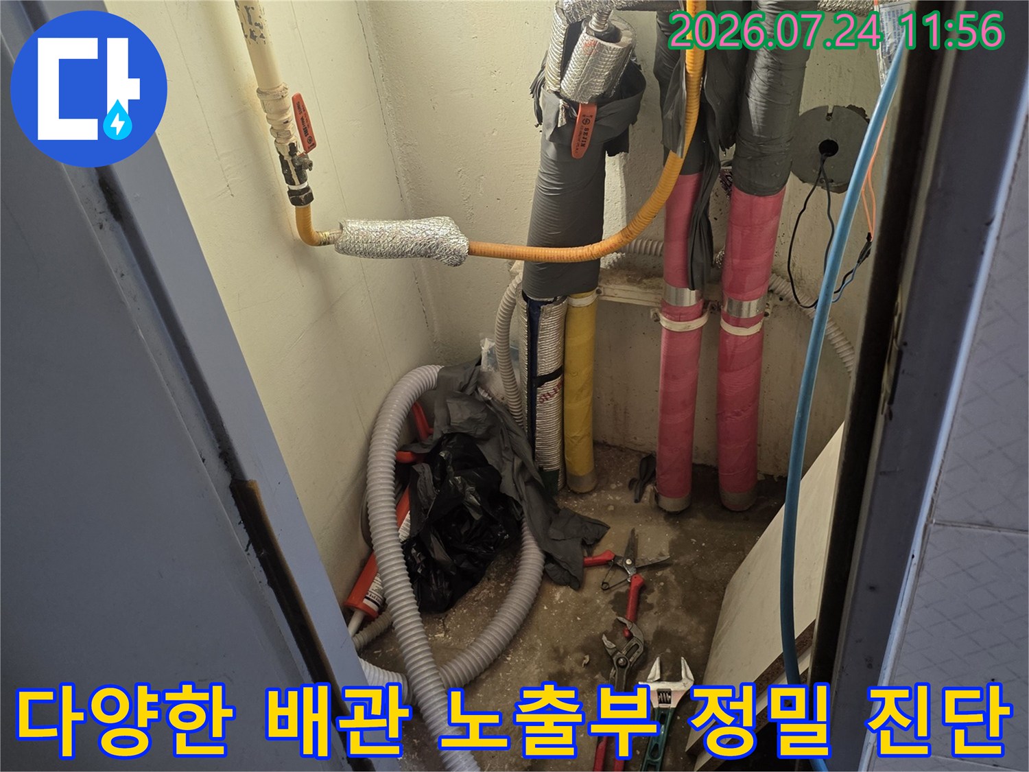 복잡하게 얽힌 다수의 배수 및 급수 배관을 상세히 점검하는 모습