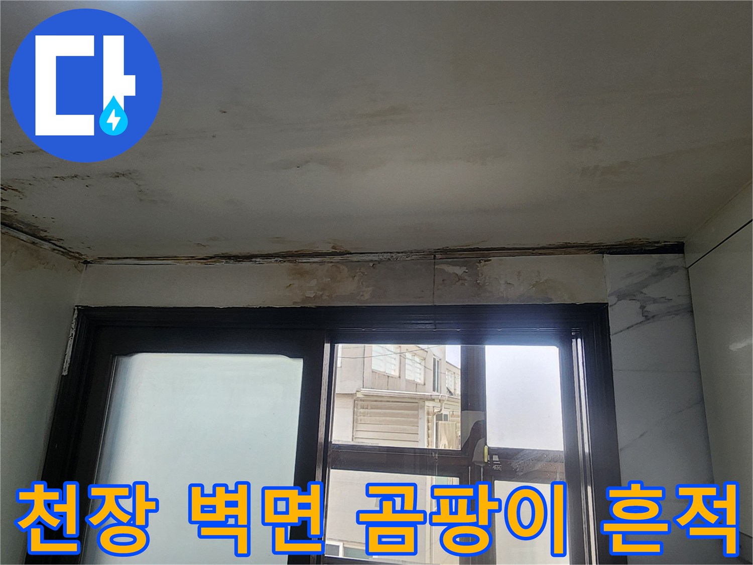 물샘으로 오염된 주방 천장과 벽면의 경계부