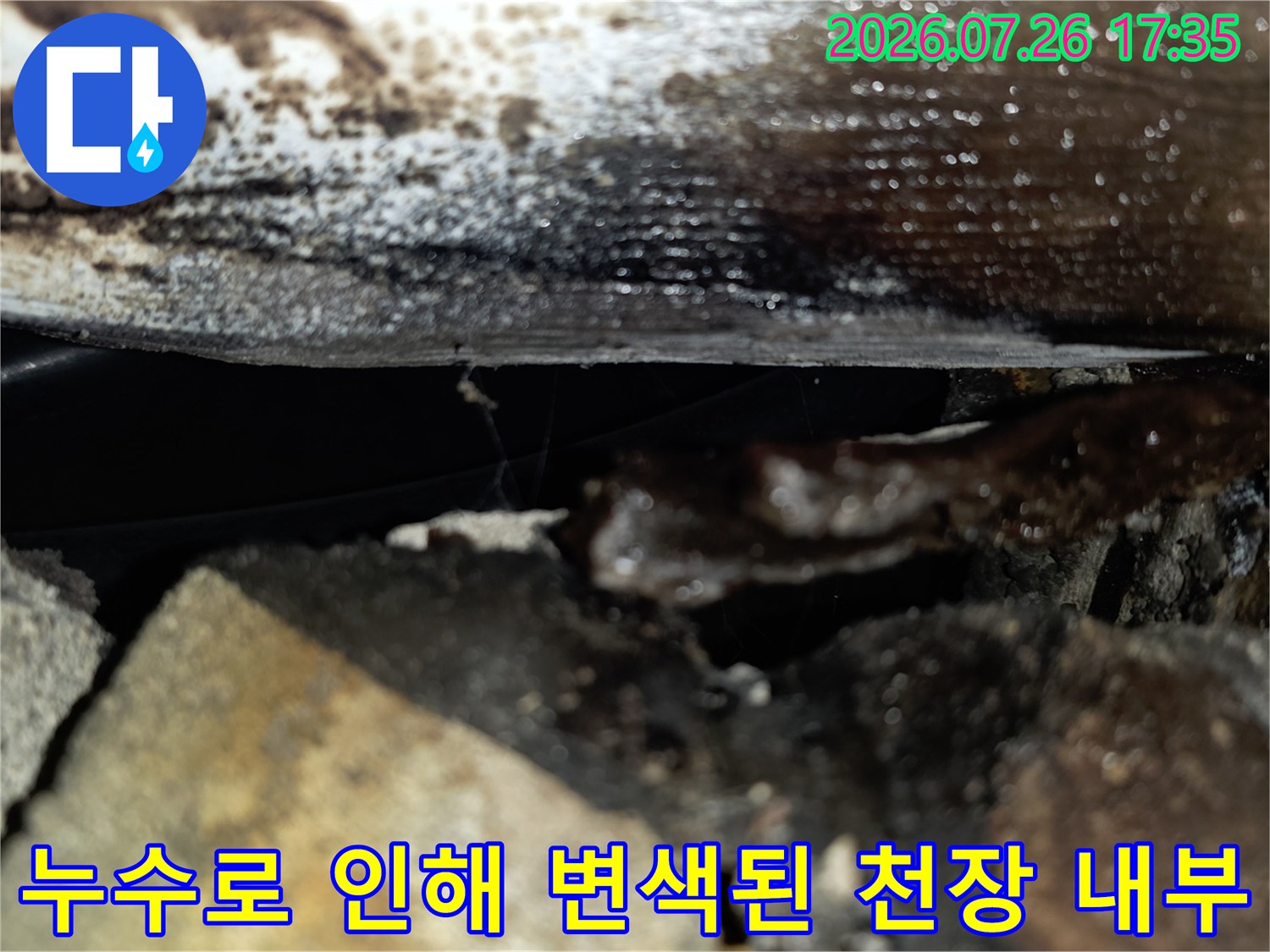 물이 고여 검게 오염된 천장 슬래브와 배관의 근접 촬영 사진-누수 증거