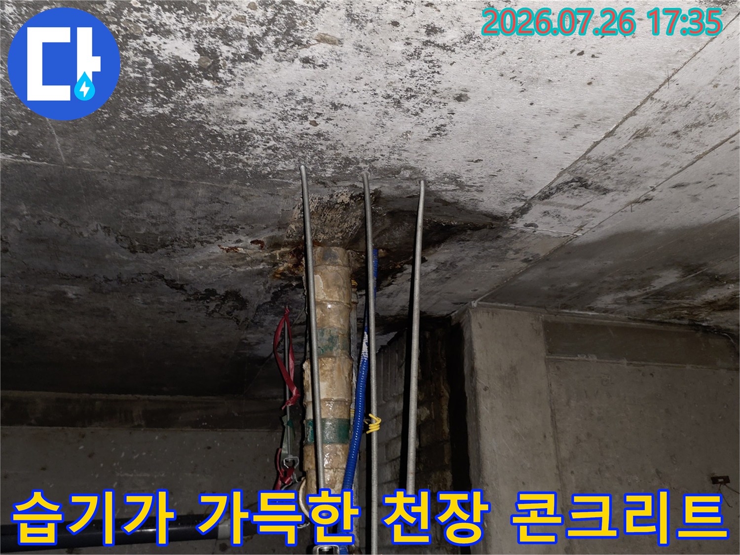 천장에서 물이 새어 나와 검게 변색된 콘크리트-노출 배관과 지지대 구조