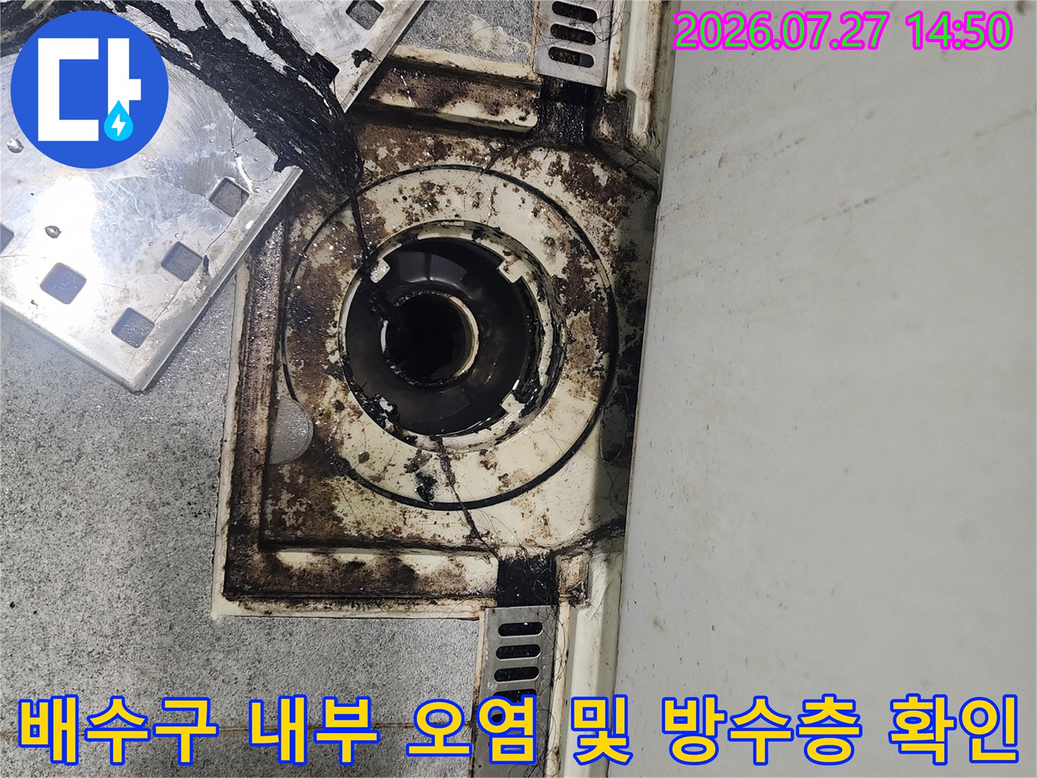 검은색 슬러지와 곰팡이가 가득한 욕실 배수관 입구-방수 결함 의심 부위