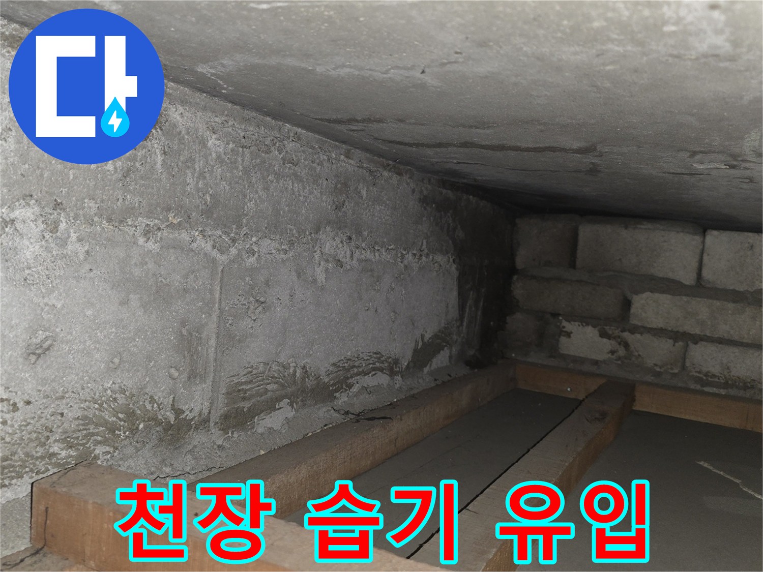 천장과 벽면 경계 부위의 누수 및 습기 흔적 사진
