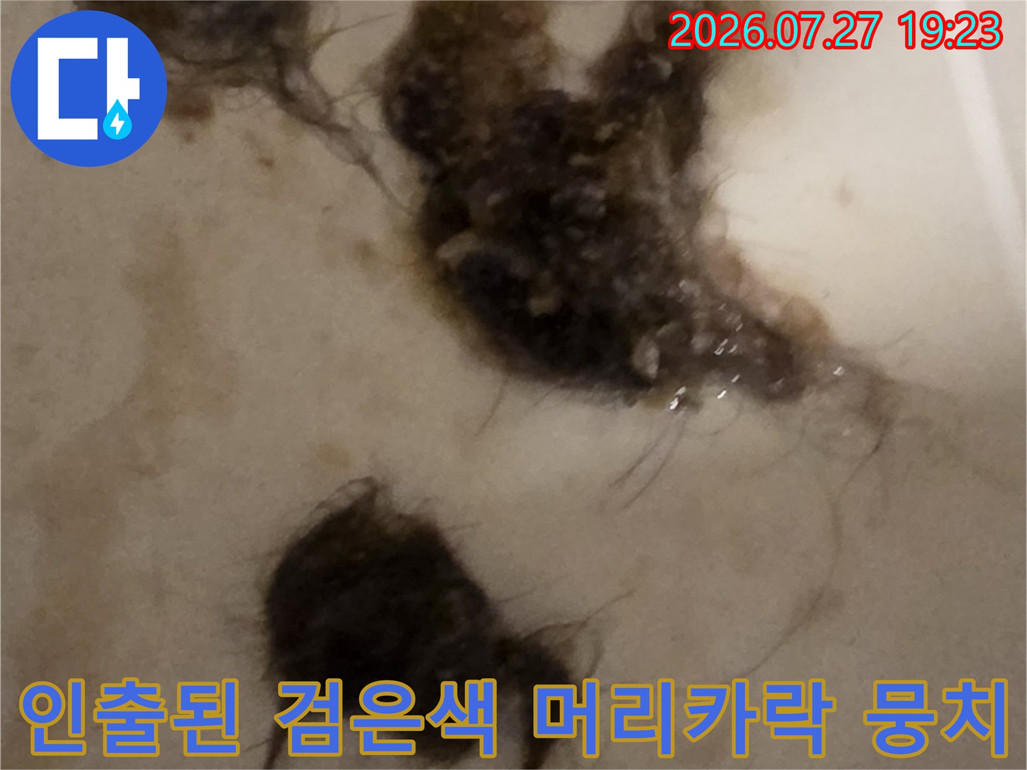 샤프트 장비 끝에 걸려 나온-배관 내 이물질과-머리카락 덩어리 사진