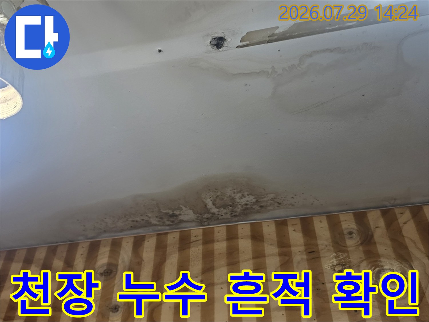 물자국과 곰팡이가 발생한 천장면 촬영 사진